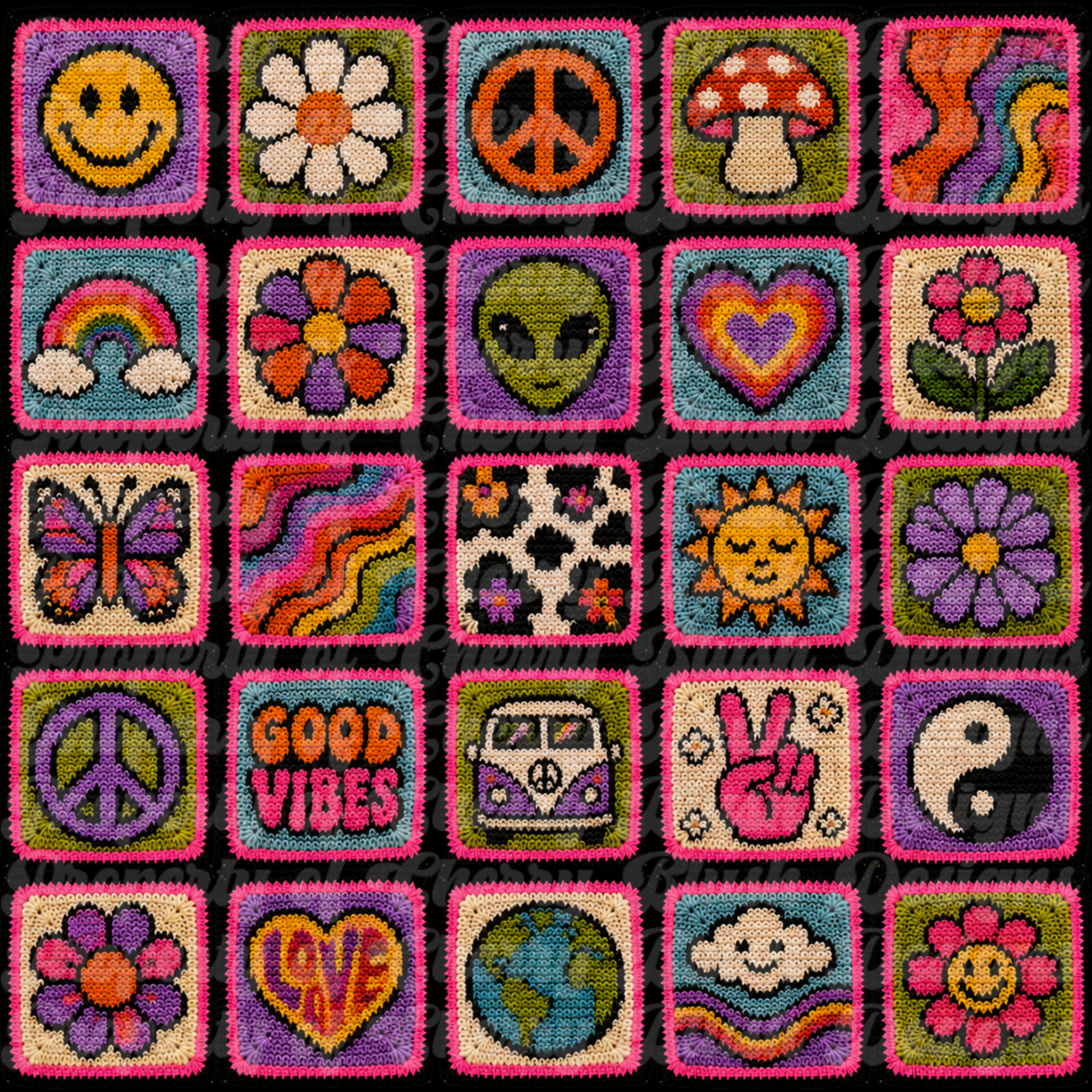 Retro Hippie Seamless Background | Groovy Crochet Pattern PNG | Boho Digital Paper