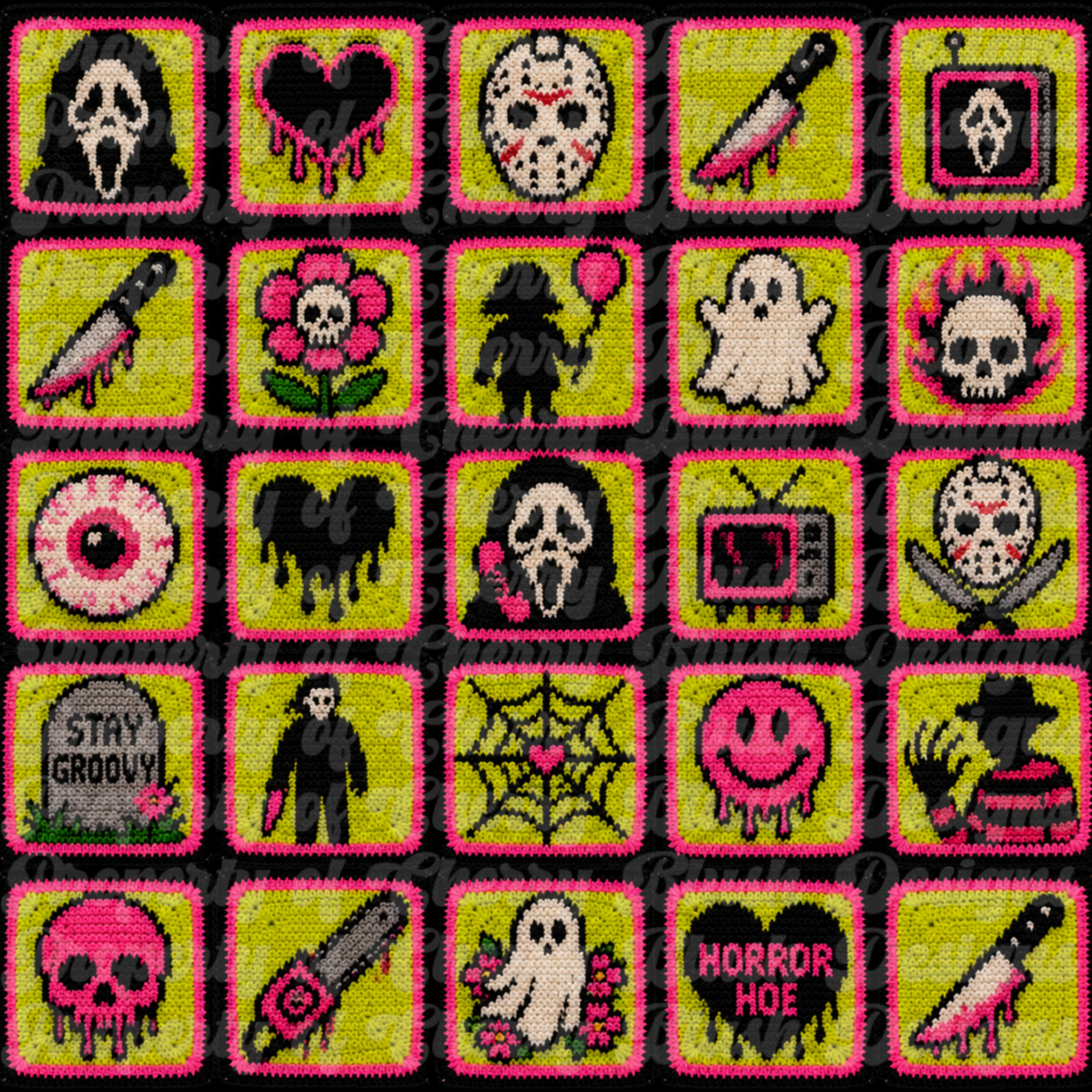 Neon Horror Seamless Background | Spooky Crochet Pattern PNG | Retro Halloween Digital Paper