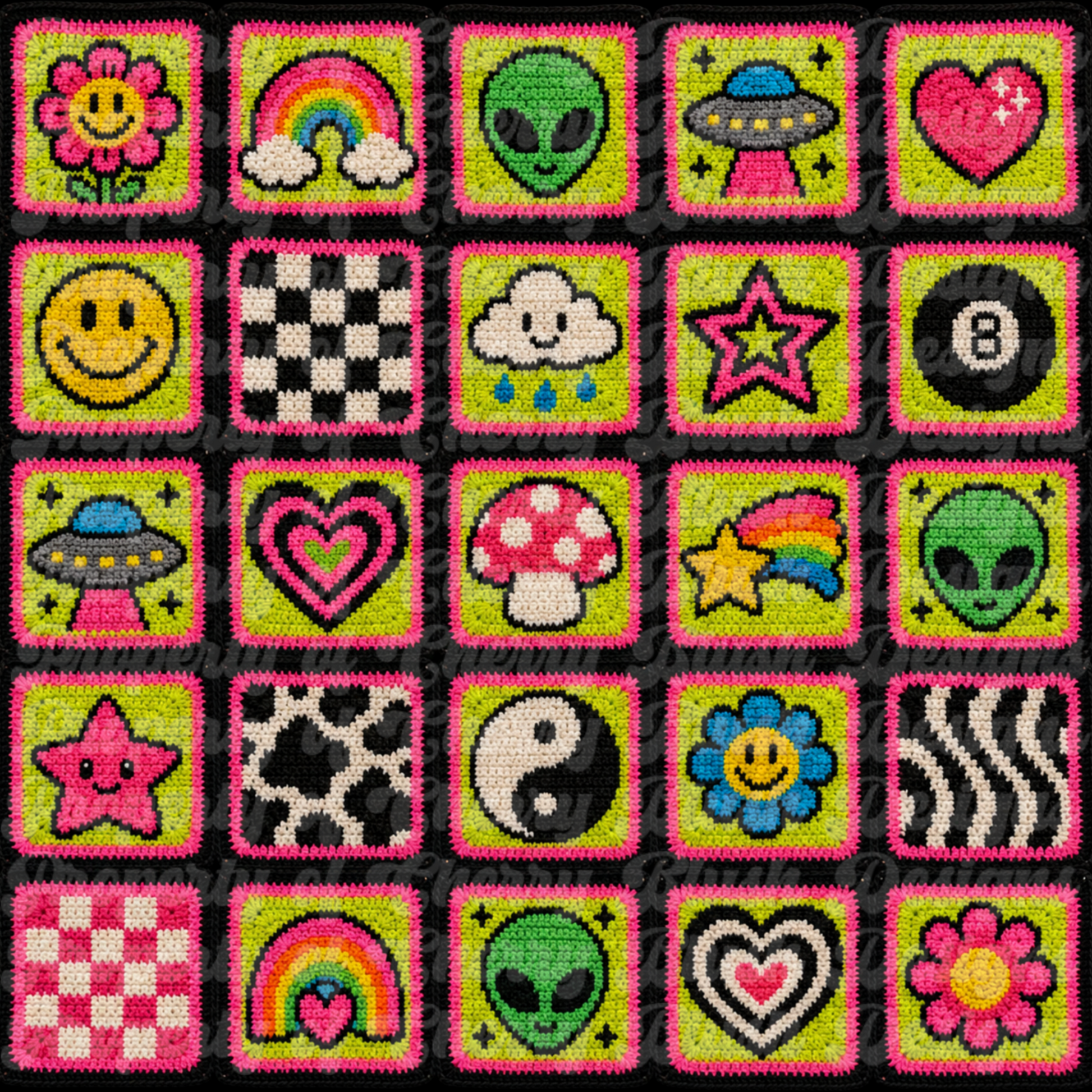 Neon Retro Icons Seamless Background | Groovy Crochet Pattern PNG | Y2K Digital Paper