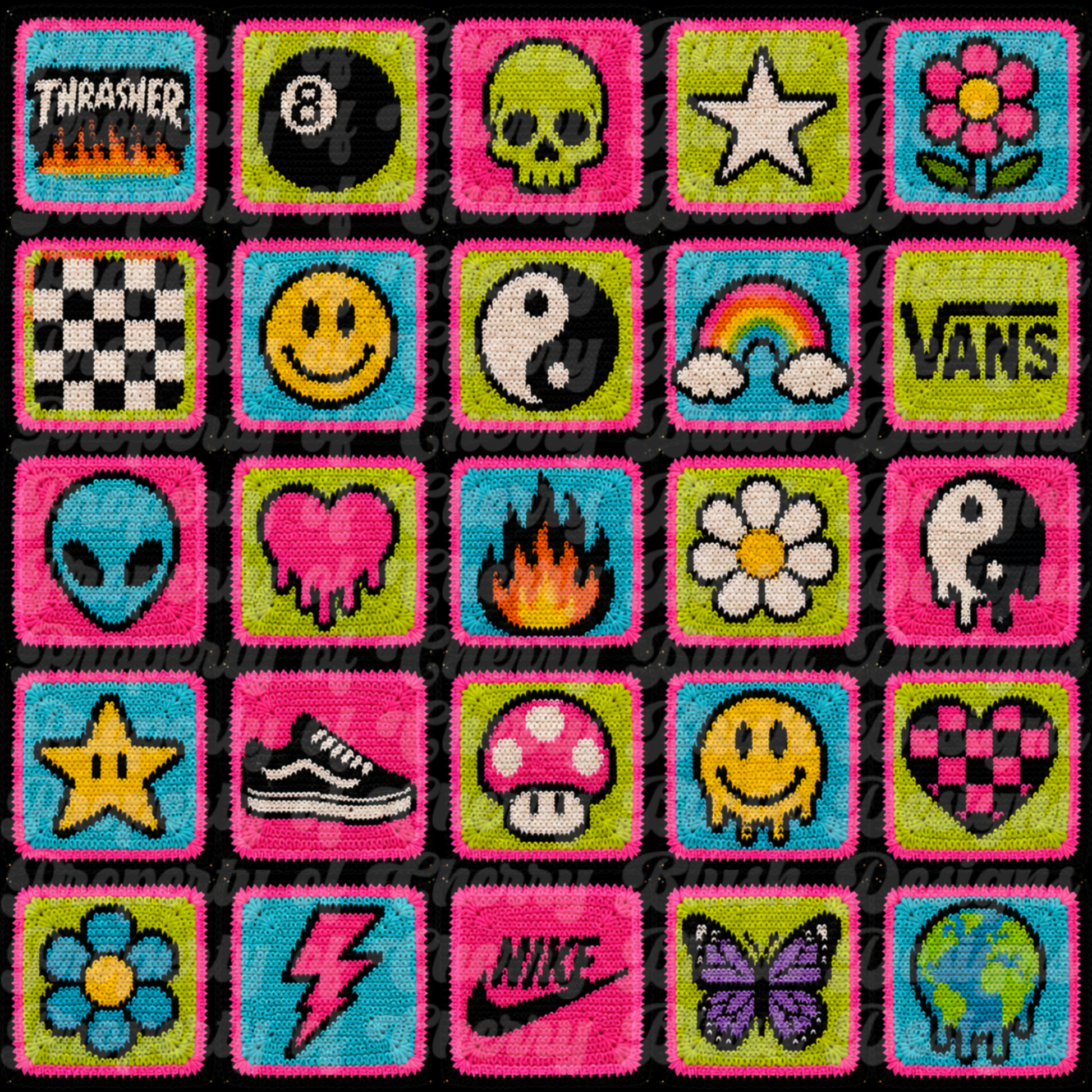 Retro Alternative Seamless Background | Crochet Pattern PNG | Y2K Grunge Digital Paper