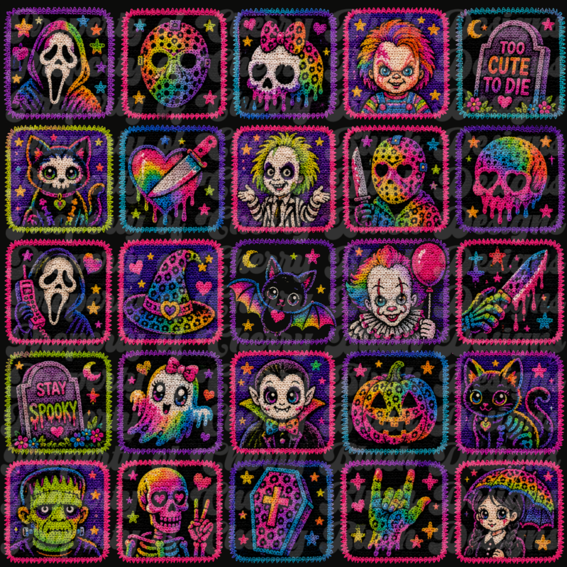 Rainbow Horror Crochet Seamless Background | Spooky Cute Halloween Digital Paper | Colorful Horror Pattern PNG