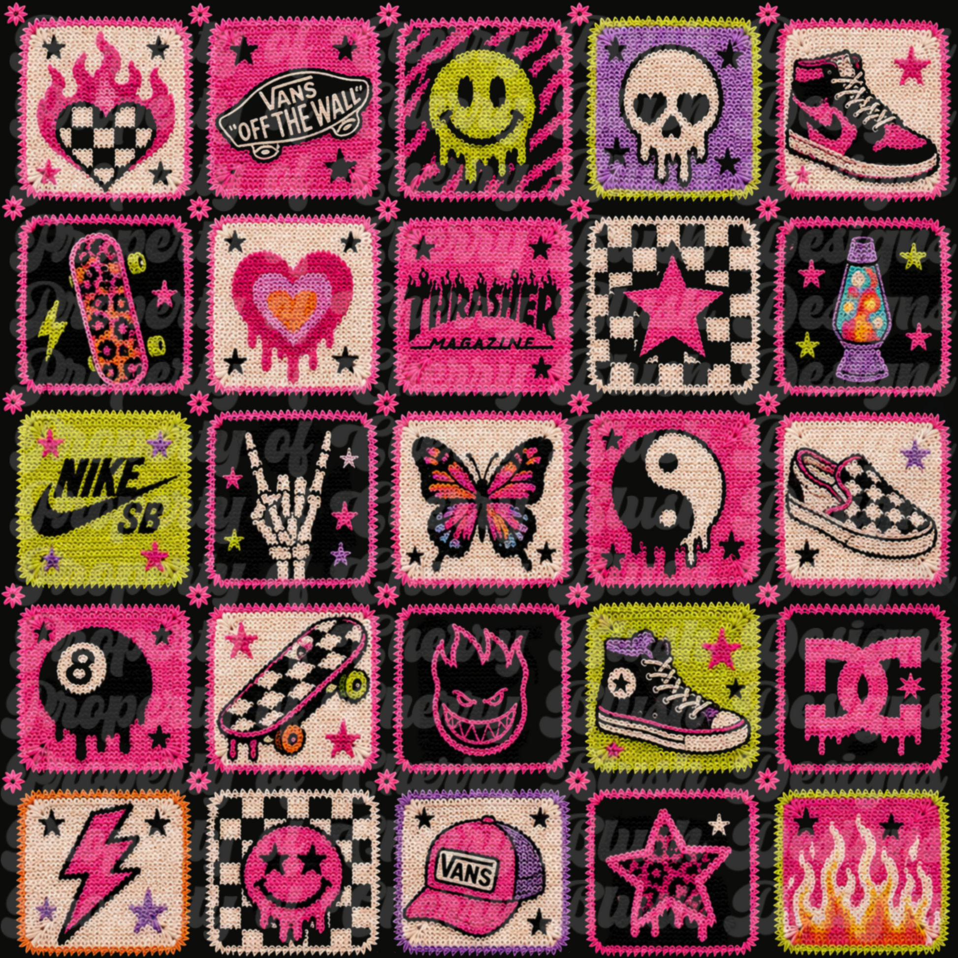 Retro Skater Crochet Seamless Background | Y2K Aesthetic Digital Paper | Checkerboard Pattern PNG