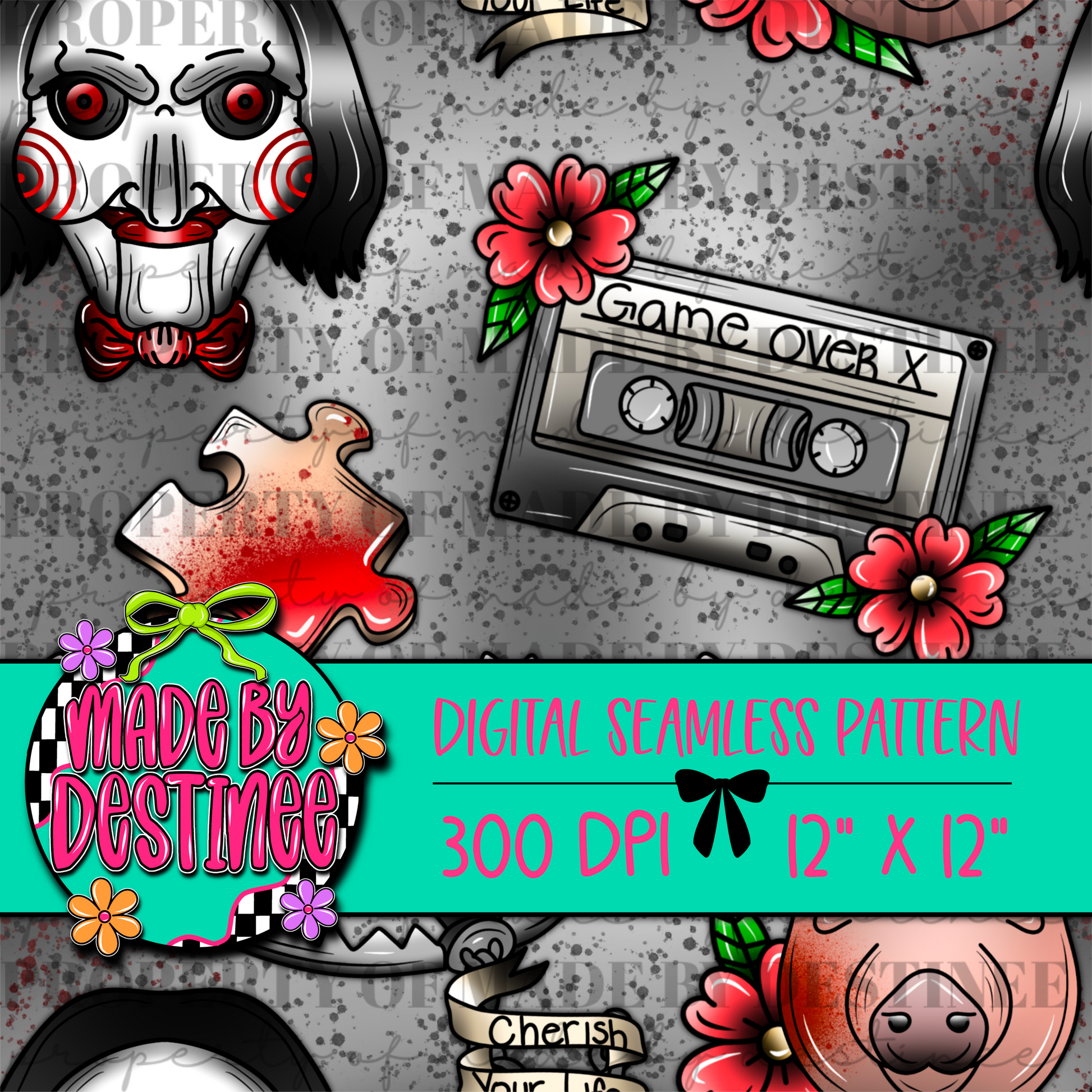 Horror Grunge Seamless Digital Pattern | Creepy Mask Blood Splatter Puzzle Tape PNG