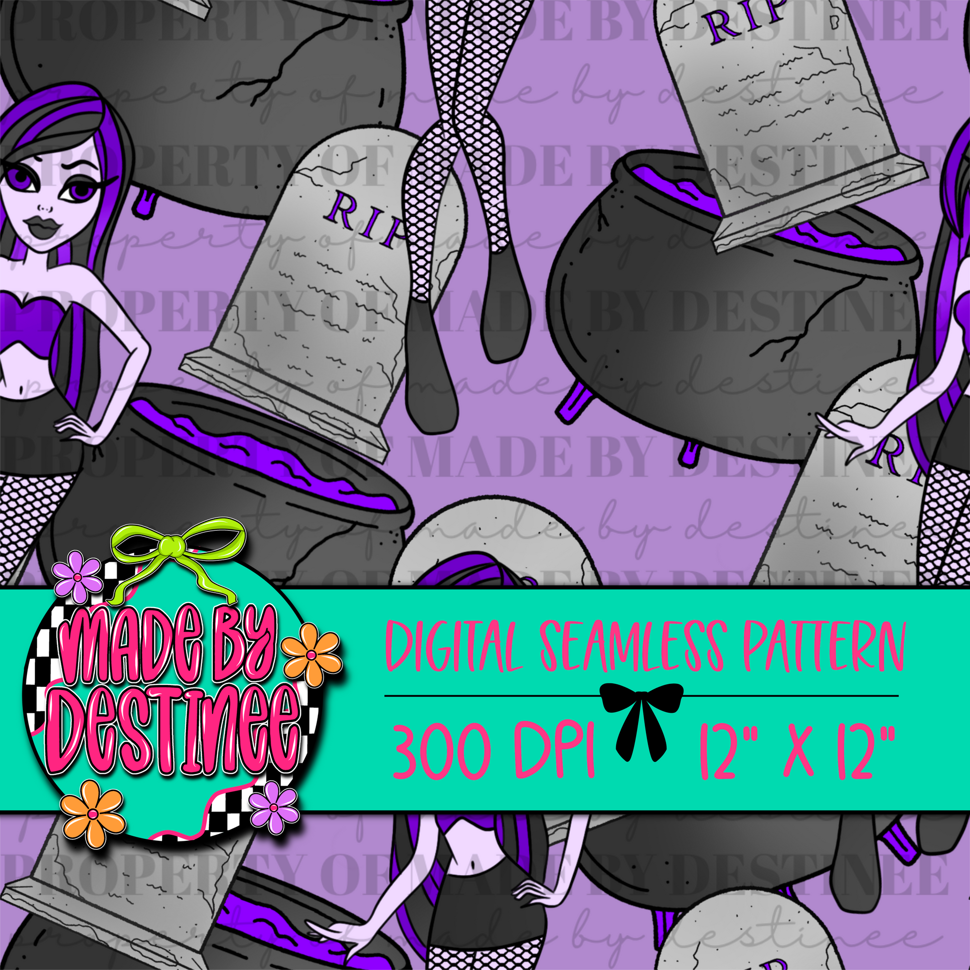 Witchy Halloween Seamless Digital Pattern | Purple Cauldron Tombstone PNG