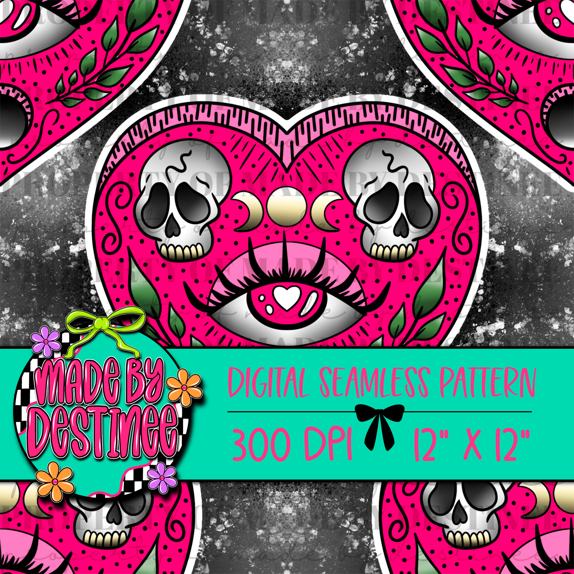 Gothic Heart Planchette Seamless Digital Pattern | Pink Skull Moon Eye PNG