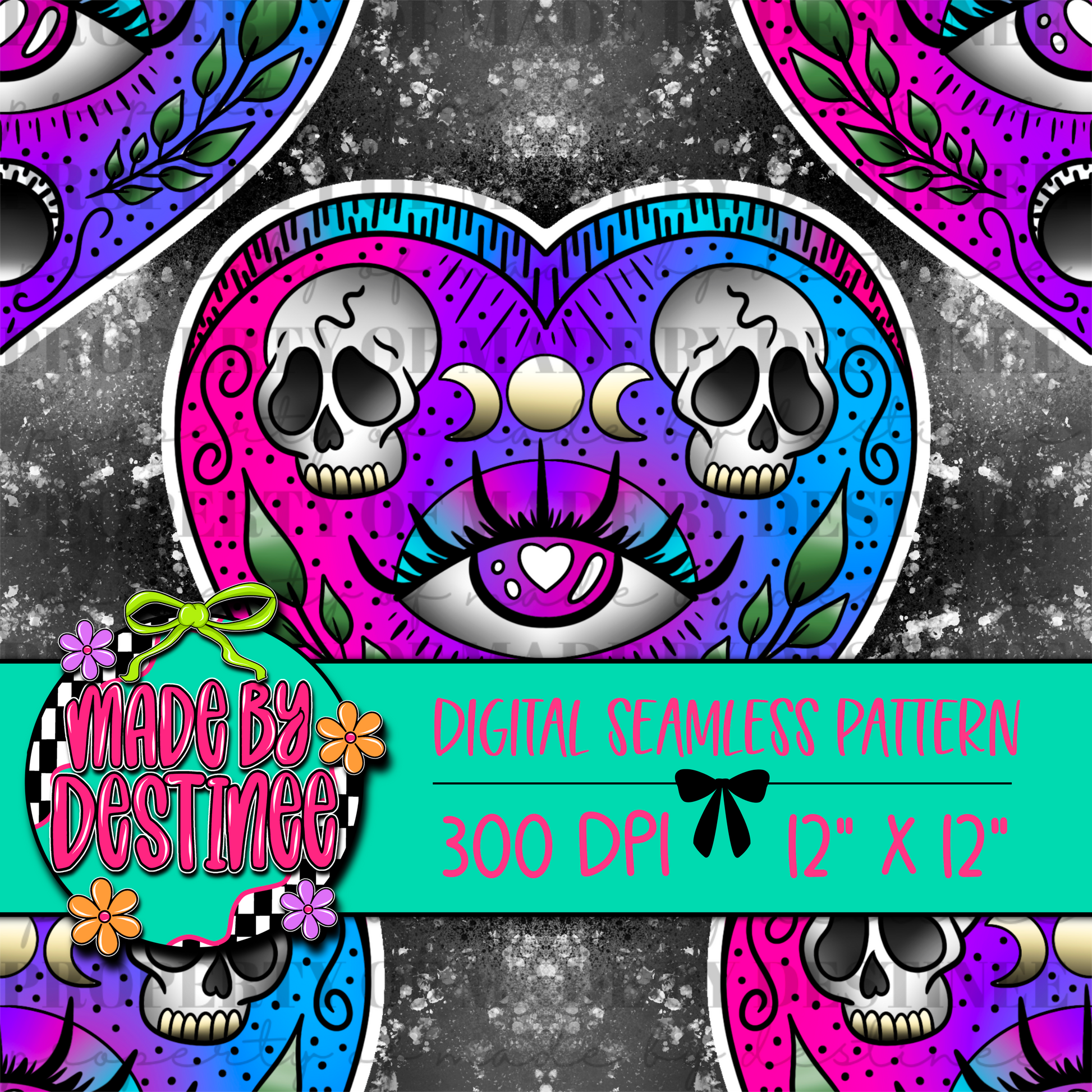 Gothic Heart Planchette Seamless Digital Pattern | Gradient Skull Moon Eye PNG