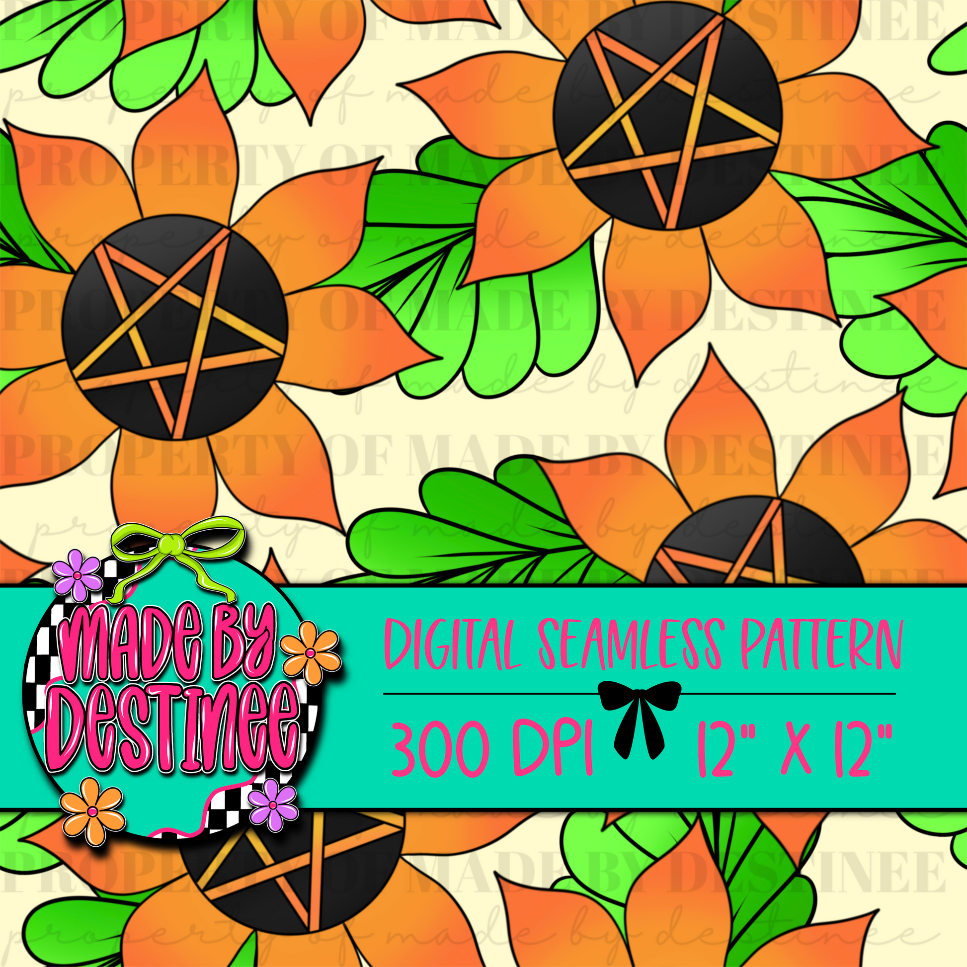 Witchy Sunflower Seamless Digital Pattern | Pentacle Pagan Autumn PNG