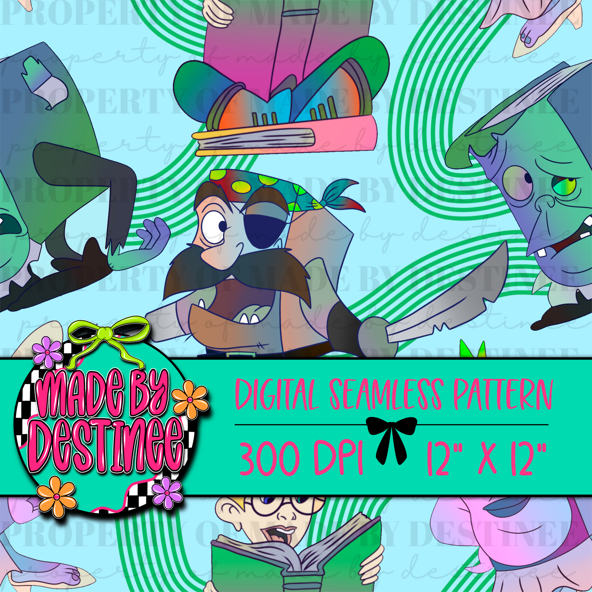 Cartoon Pirate Zombie Seamless Digital Pattern | Funny Halloween Book PNG