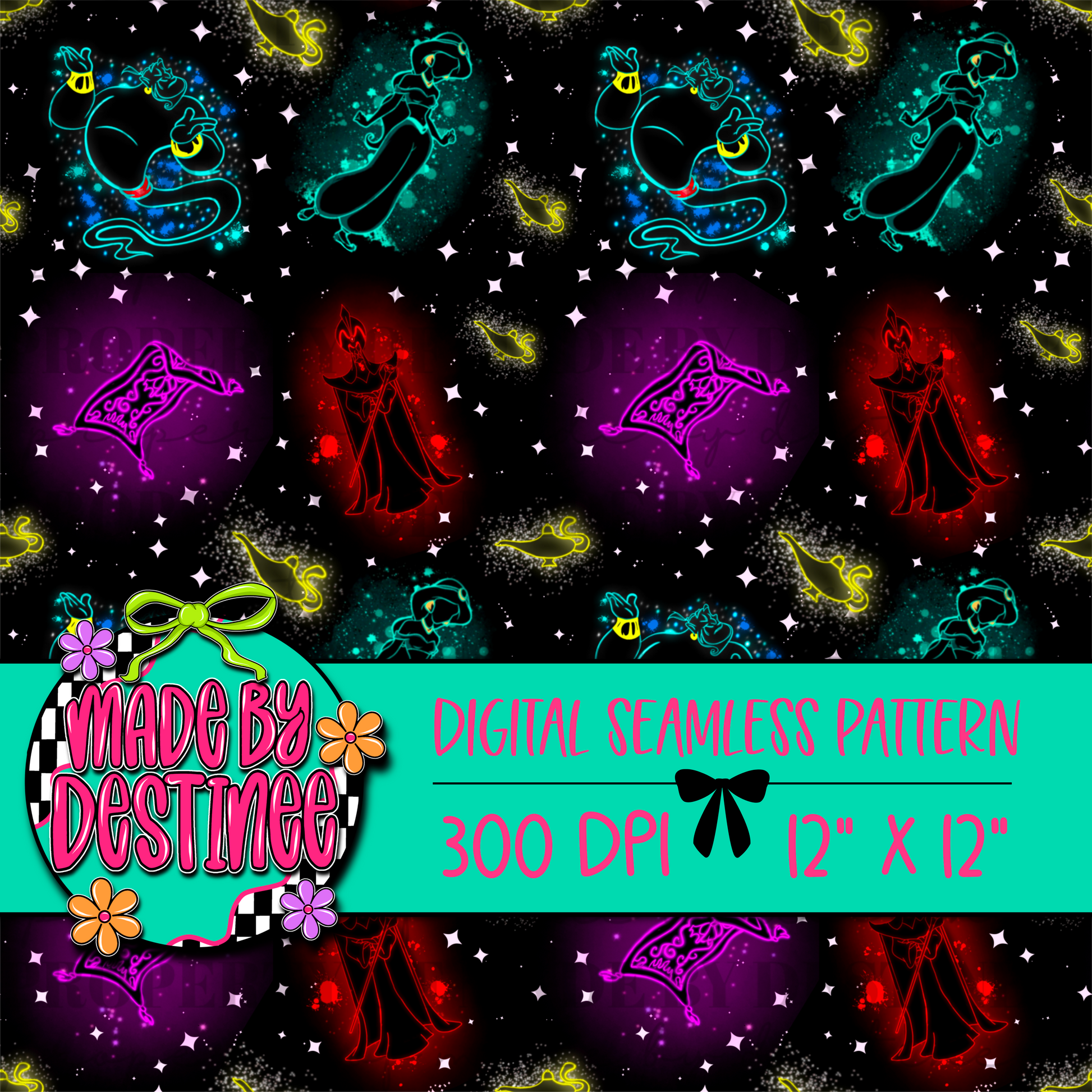 Neon Genie Seamless Digital Pattern | Magic Lamp Flying Carpet Fantasy PNG