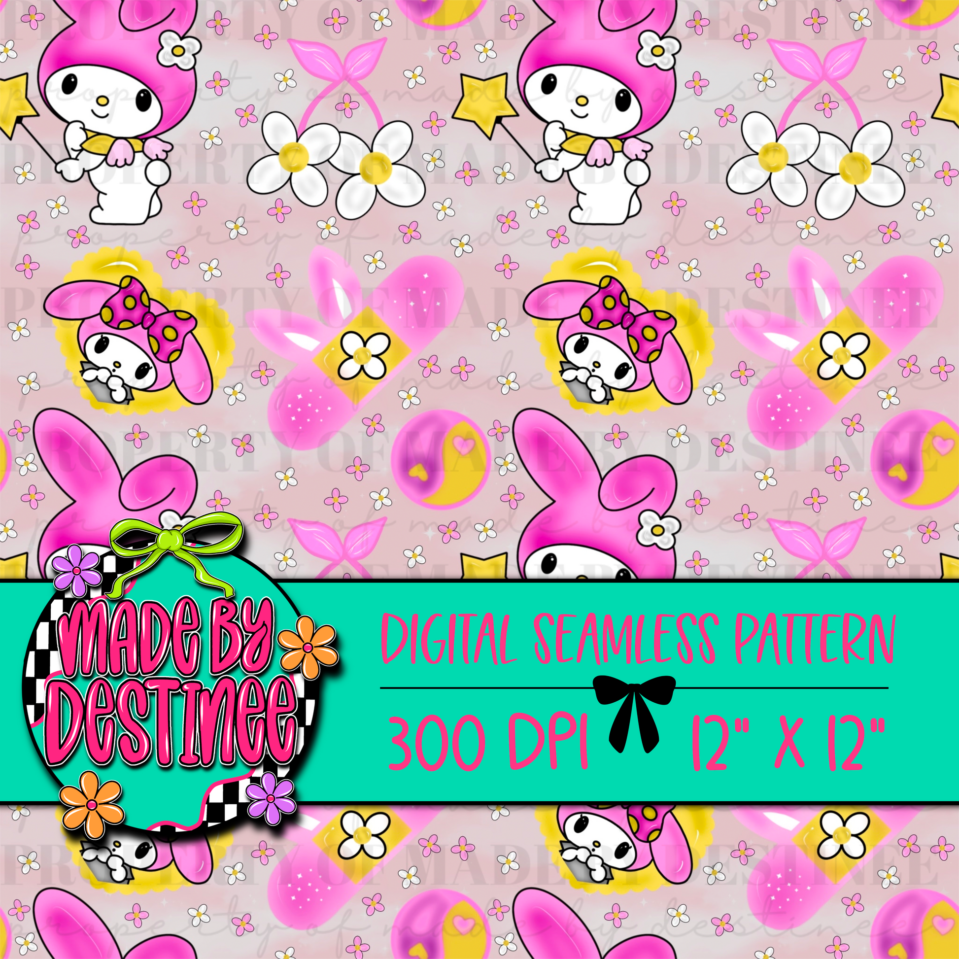 Kawaii Bunny Seamless Digital Pattern | Pastel Cute Pink Flowers PNG