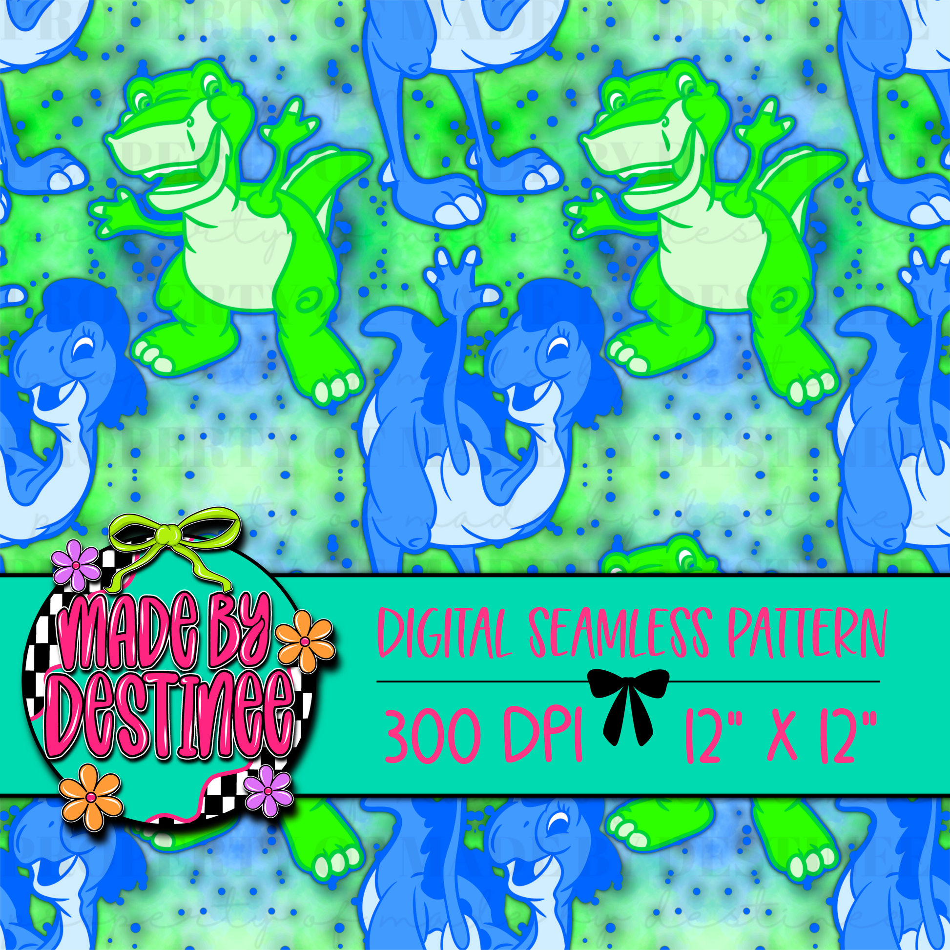 Cartoon Dinosaur Seamless Digital Pattern | Bright Neon Prehistoric PNG