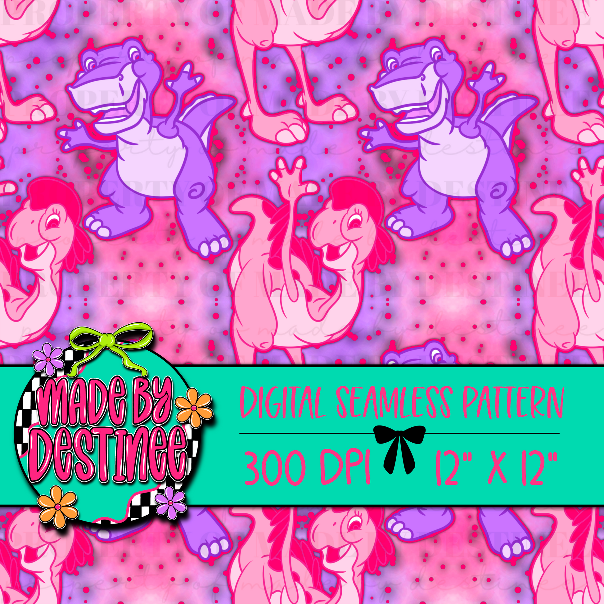 Pink Purple Dinosaur Seamless Digital Pattern | Cute Retro Cartoon PNG