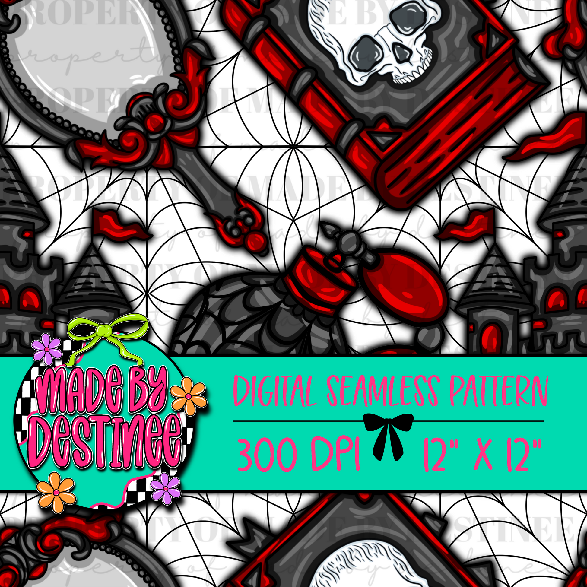 Gothic Halloween Seamless Digital Pattern | Skulls Castle Spiderweb PNG