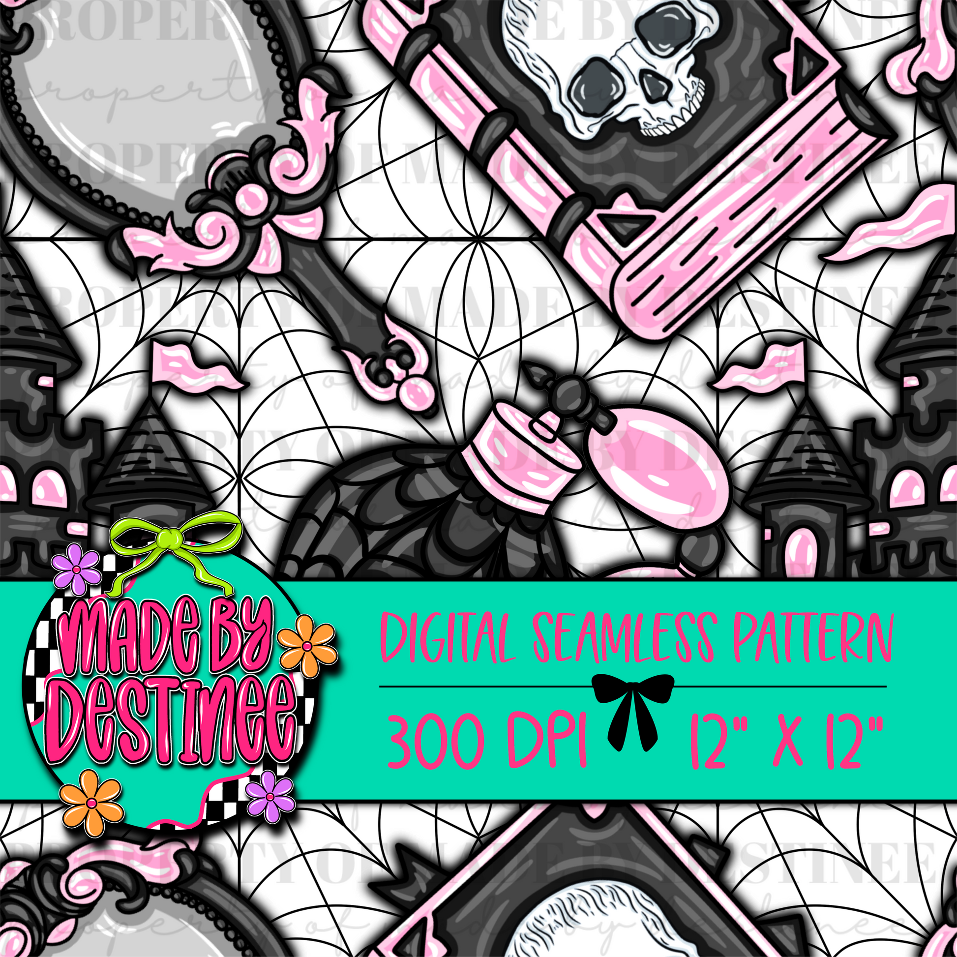 Pastel Gothic Halloween Seamless Digital Pattern | Pink Black Spiderweb PNG