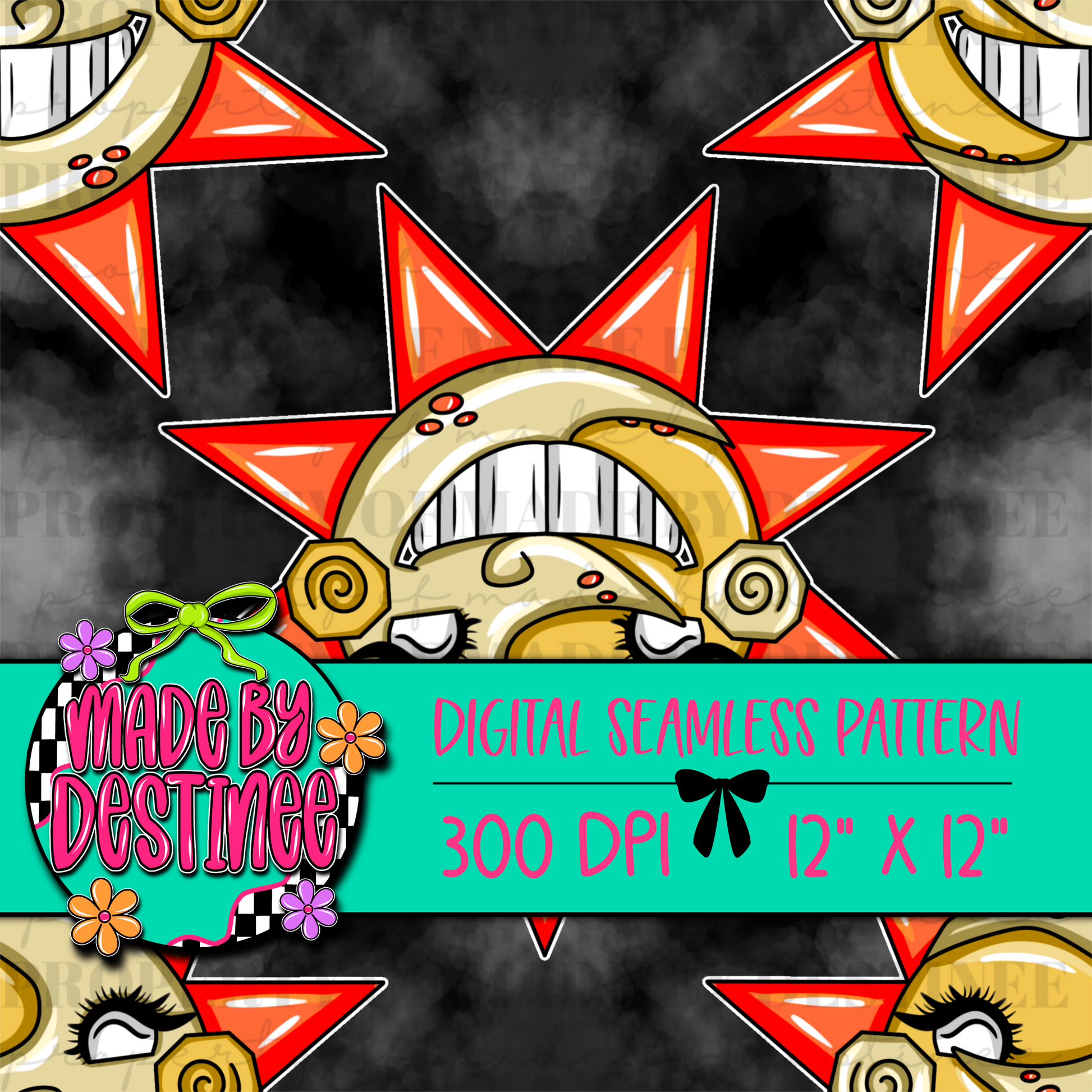 Creepy Sun Seamless Digital Pattern | Gothic Celestial Horror PNG