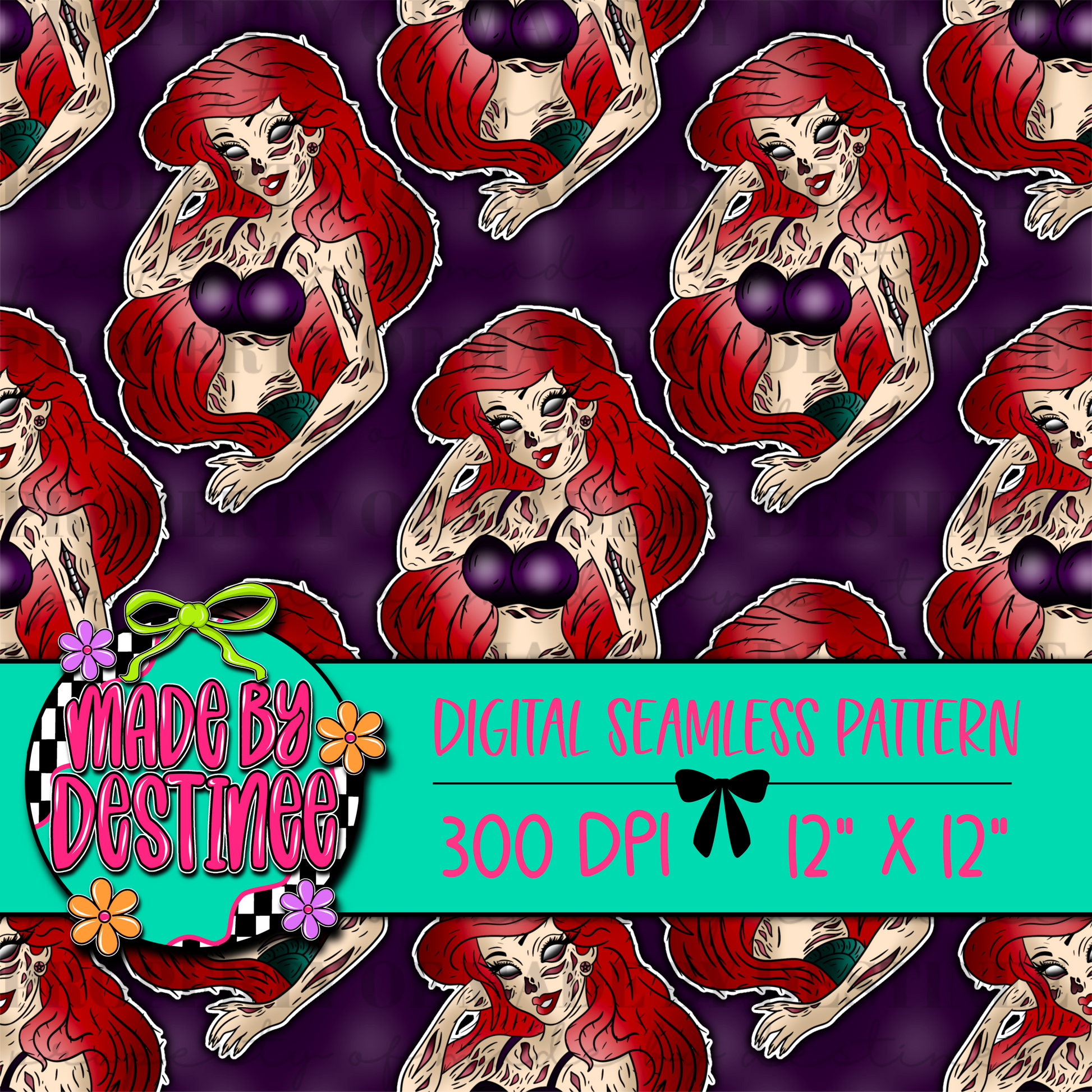 Gothic Mermaid Seamless Digital Pattern | Horror Fantasy Alt PNG