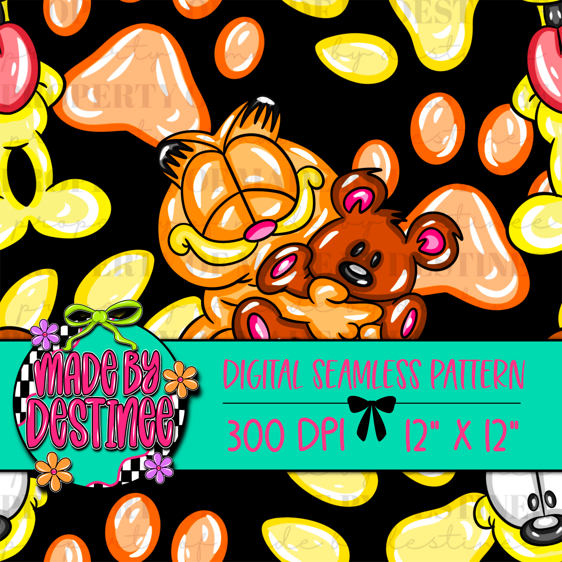 Sleepy Orange Cat Seamless Digital Pattern | Nostalgic Cartoon Teddy PNG