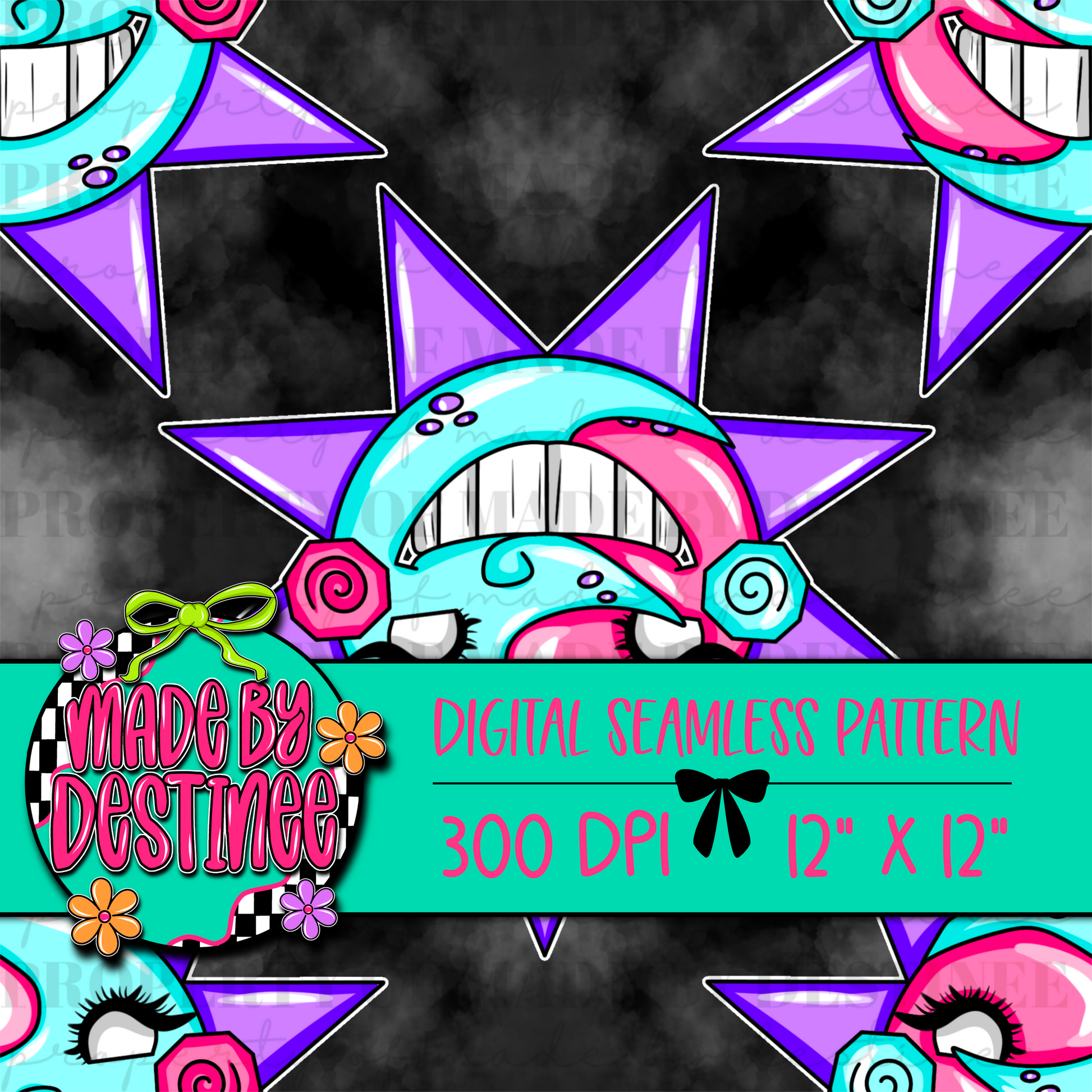 Pastel Creepy Sun Seamless Digital Pattern | Neon Gothic Celestial PNG