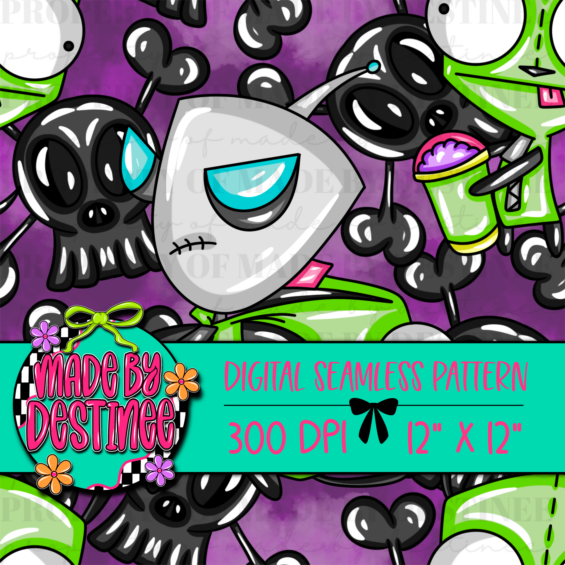 Alien Robot Seamless Digital Pattern | Spooky Cartoon Purple Grunge PNG