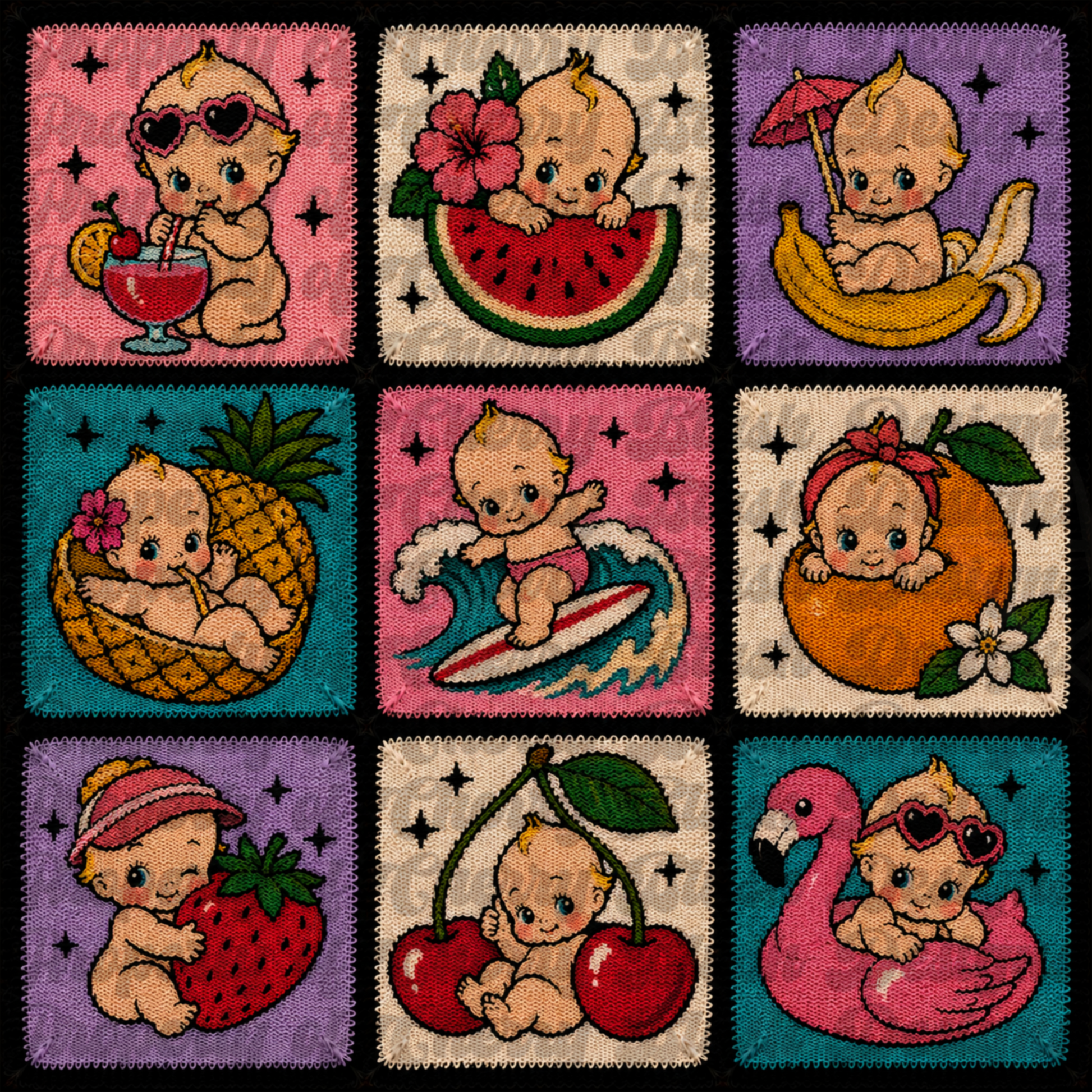 Retro Summer Kewpie Seamless Background | Fruit Beach Baby Digital Paper | Vintage Cute Summer Pattern PNG