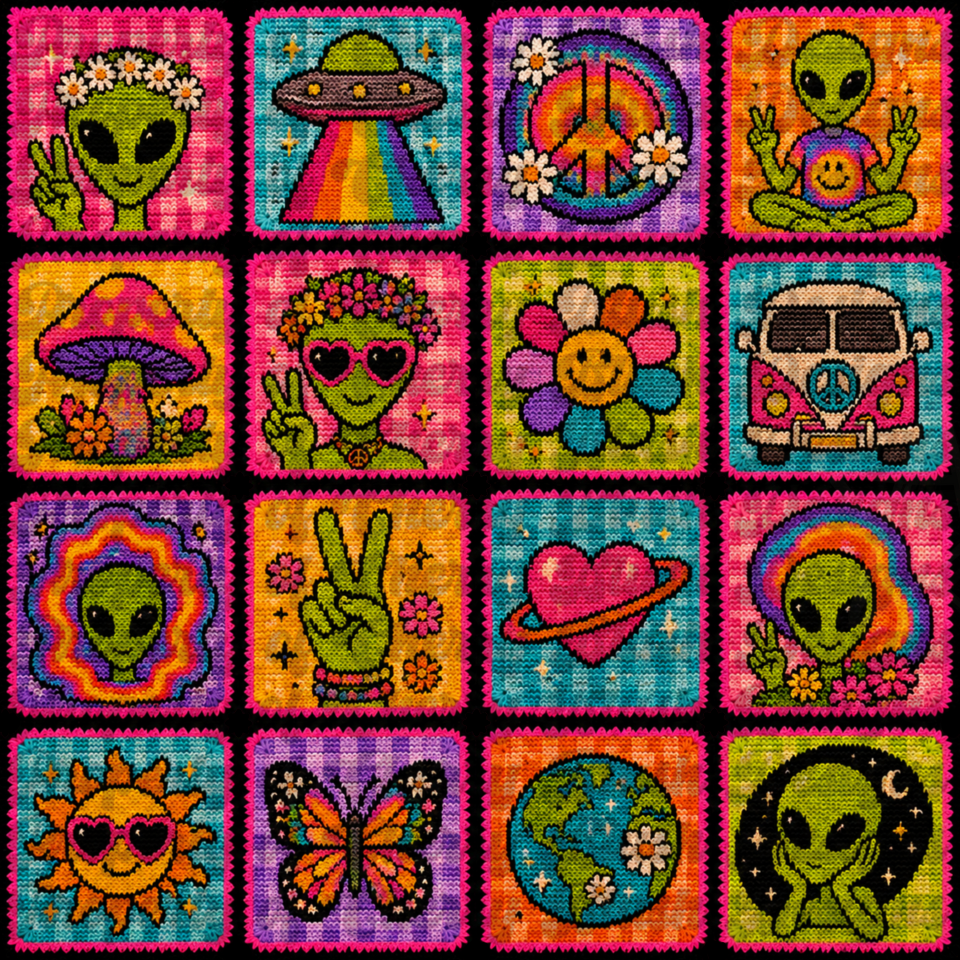 Retro Hippie Alien Seamless Background | Groovy Cosmic Digital Paper | Colorful Boho Pattern PNG