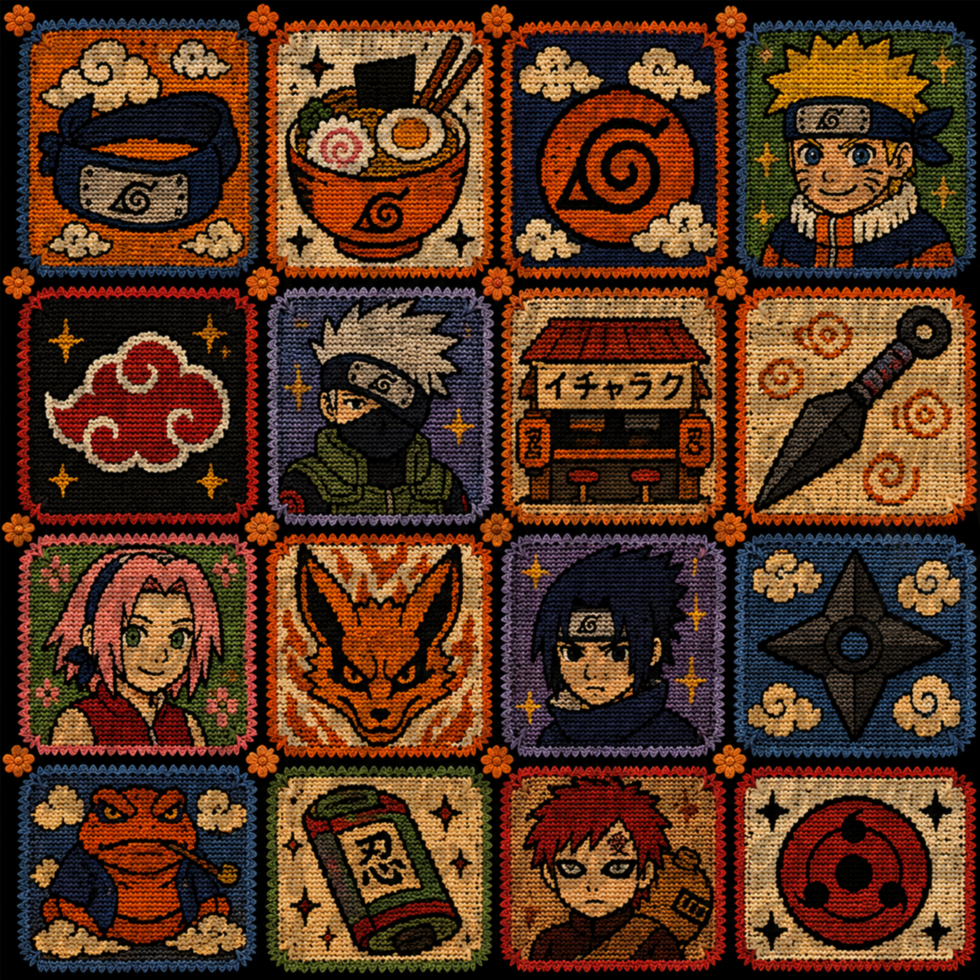 Hidden Village Crochet Square Collection Background | Anime Inspired Digital Paper | Orange & Blue Character Style Background
