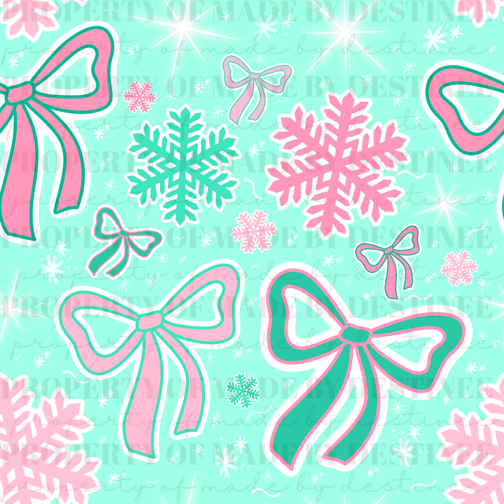 Pink & Teal Christmas Seamless Pattern | Holiday Bows & Snowflakes Digital Paper PNG | Pastel Winter Background