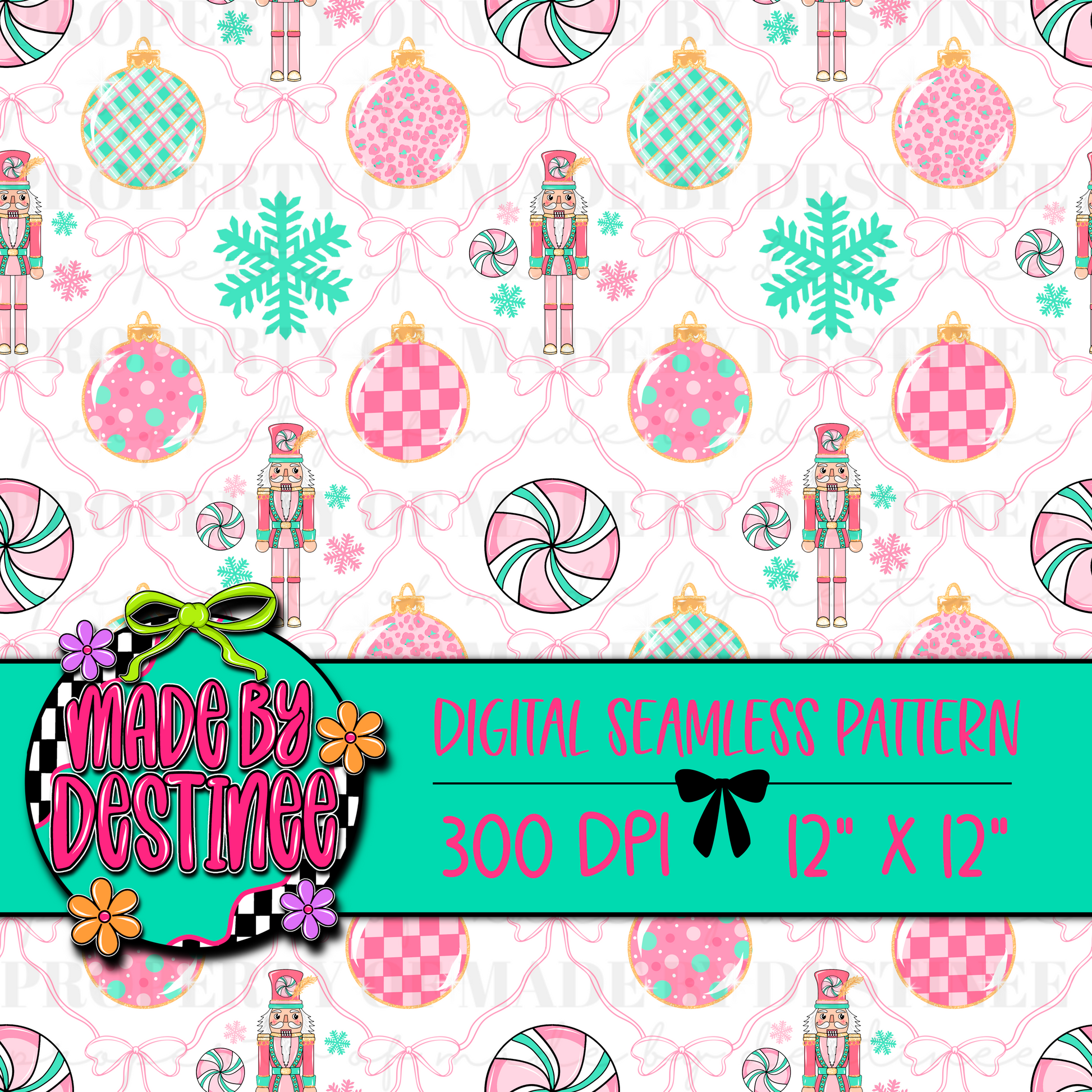 Pastel Nutcracker Seamless Christmas Pattern | Pink Holiday Digital Paper PNG | Ornaments & Peppermint Clipart