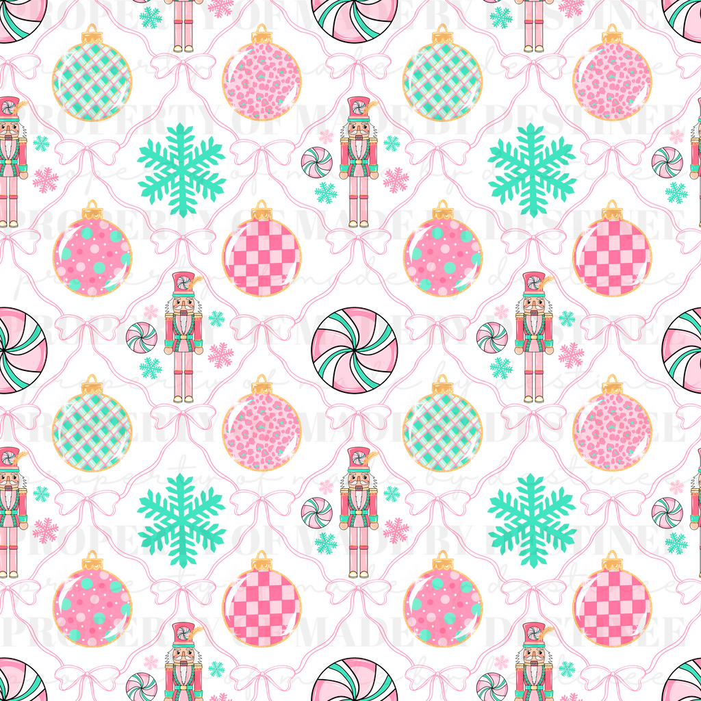 Pastel Nutcracker Seamless Christmas Pattern | Pink Holiday Digital Paper PNG | Ornaments & Peppermint Clipart