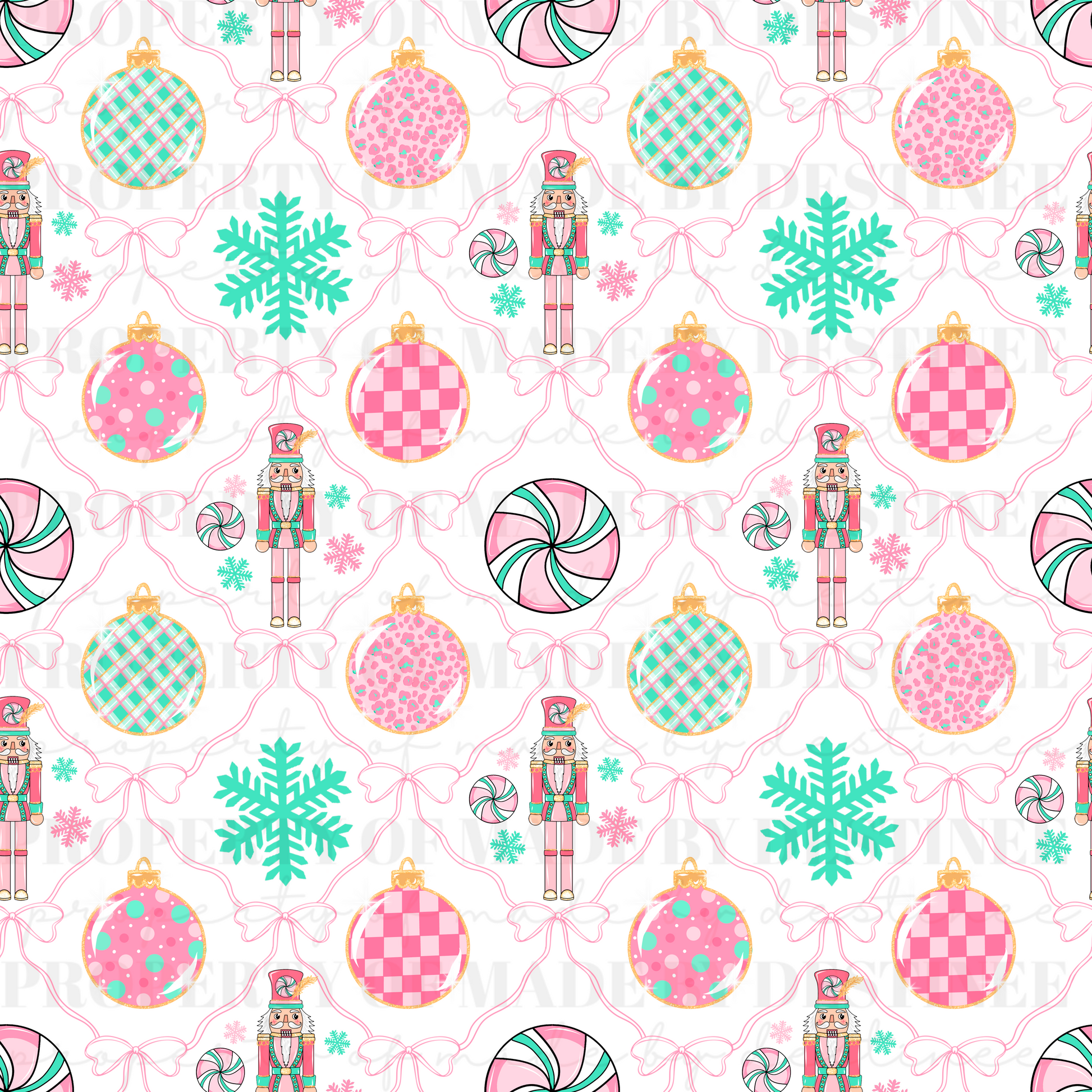 Pastel Nutcracker Seamless Christmas Pattern | Pink Holiday Digital Paper PNG | Ornaments & Peppermint Clipart