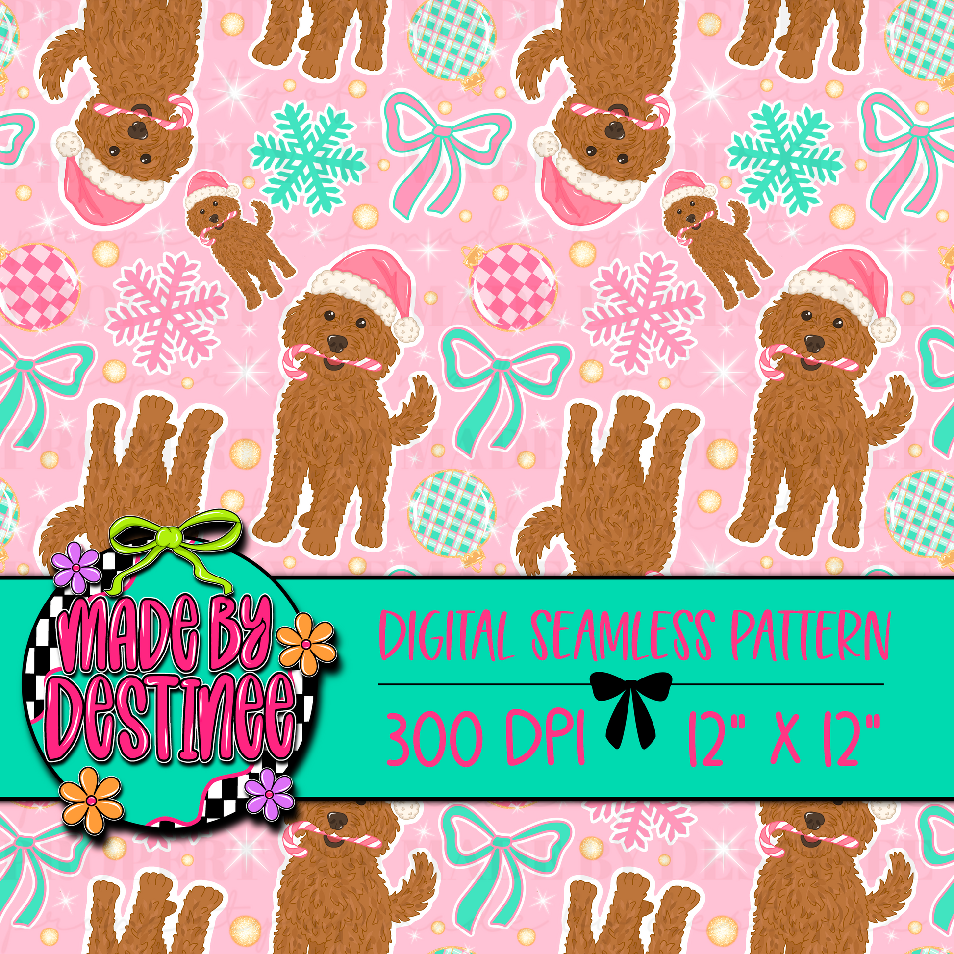 Christmas Dog Seamless Pattern | Pink Holiday Puppy Digital Paper | Doodle Dog with Santa Hat & Ornaments PNG
