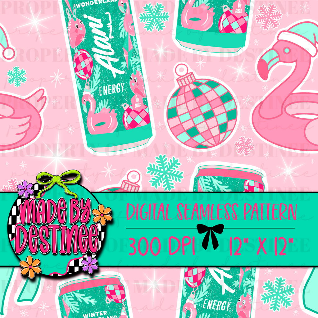 Alani Winter Wonderland Seamless Christmas Pattern | Pink Flamingo Holiday Digital Paper | Festive Ornaments & Bows PNG