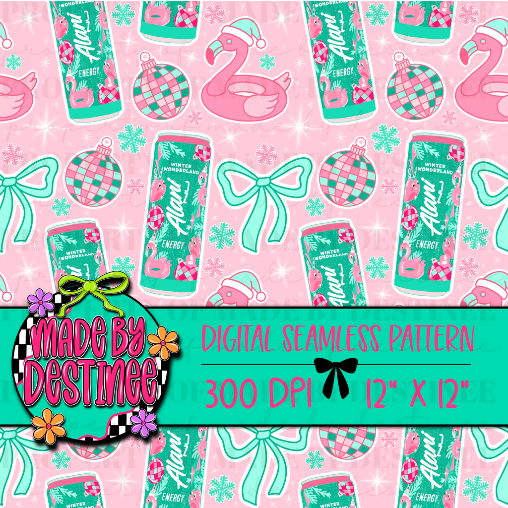 Alani Winter Wonderland Seamless Christmas Pattern | Pink Flamingo Holiday Digital Paper | Festive Ornaments & Bows PNG