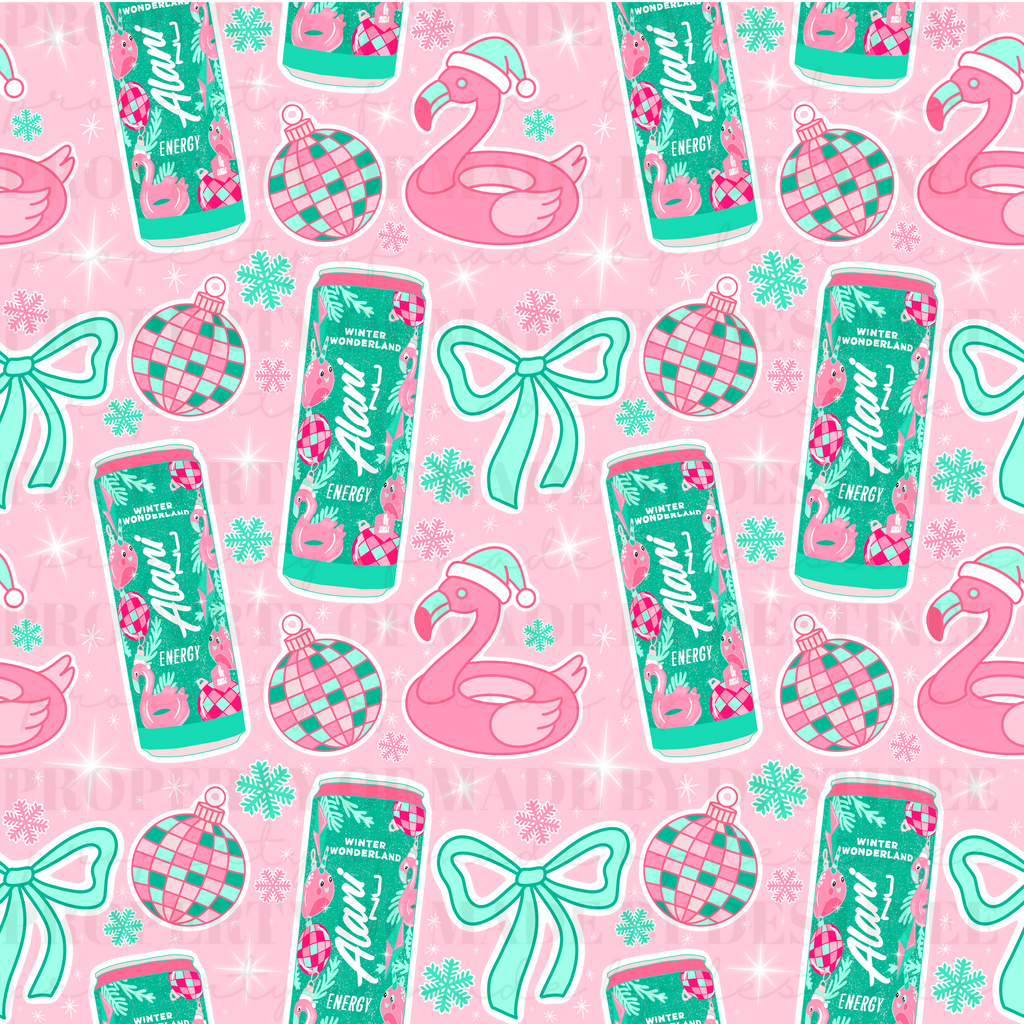 Alani Winter Wonderland Seamless Christmas Pattern | Pink Flamingo Holiday Digital Paper | Festive Ornaments & Bows PNG