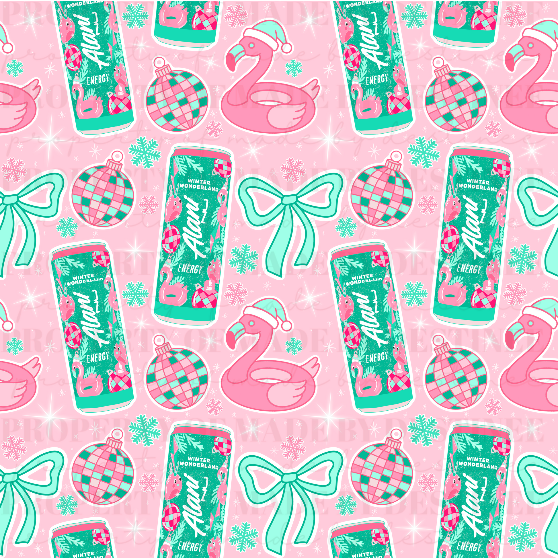 Alani Winter Wonderland Seamless Christmas Pattern | Pink Flamingo Holiday Digital Paper | Festive Ornaments & Bows PNG