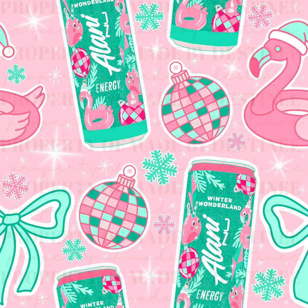 Alani Winter Wonderland Seamless Christmas Pattern | Pink Flamingo Holiday Digital Paper | Festive Ornaments & Bows PNG