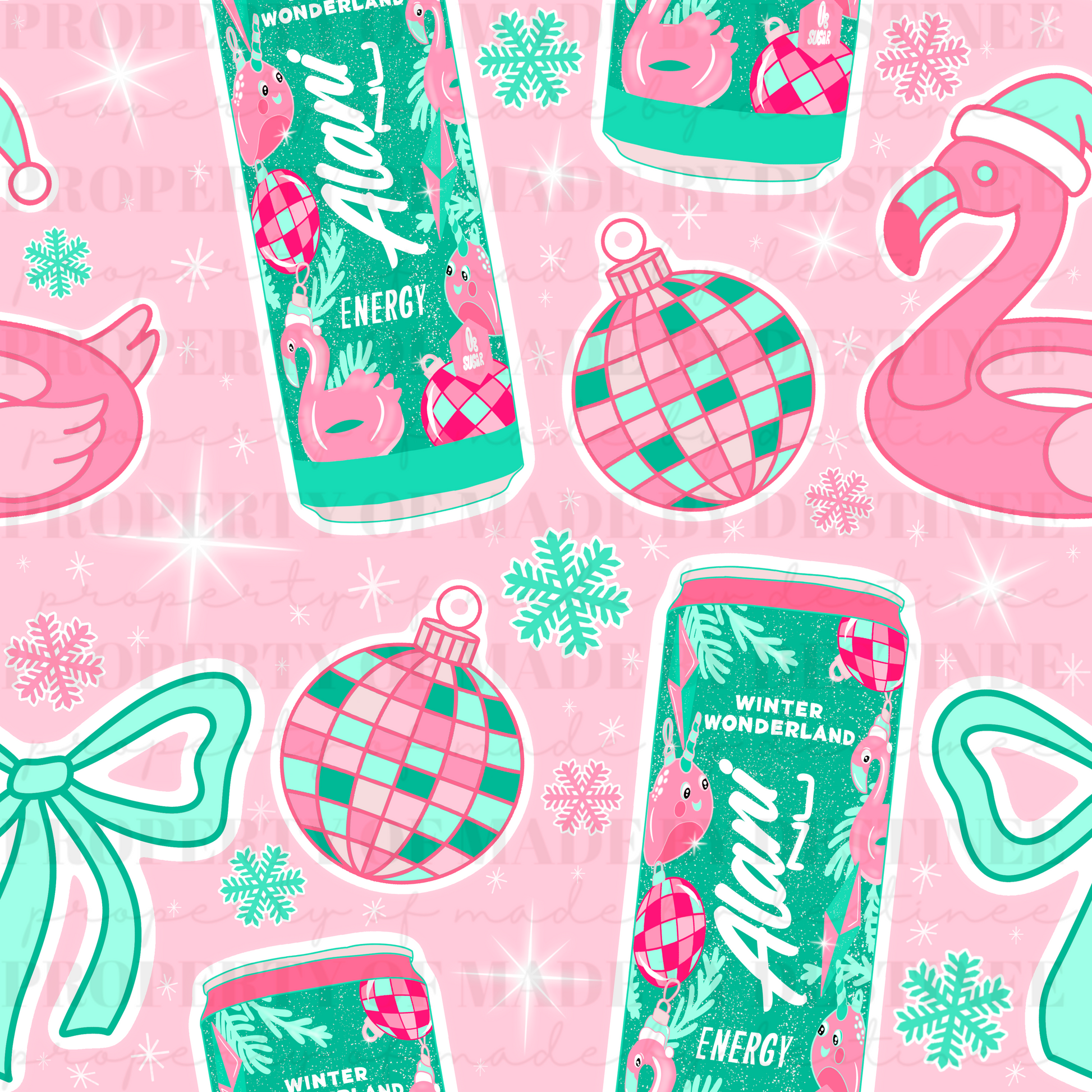 Alani Winter Wonderland Seamless Christmas Pattern | Pink Flamingo Holiday Digital Paper | Festive Ornaments & Bows PNG