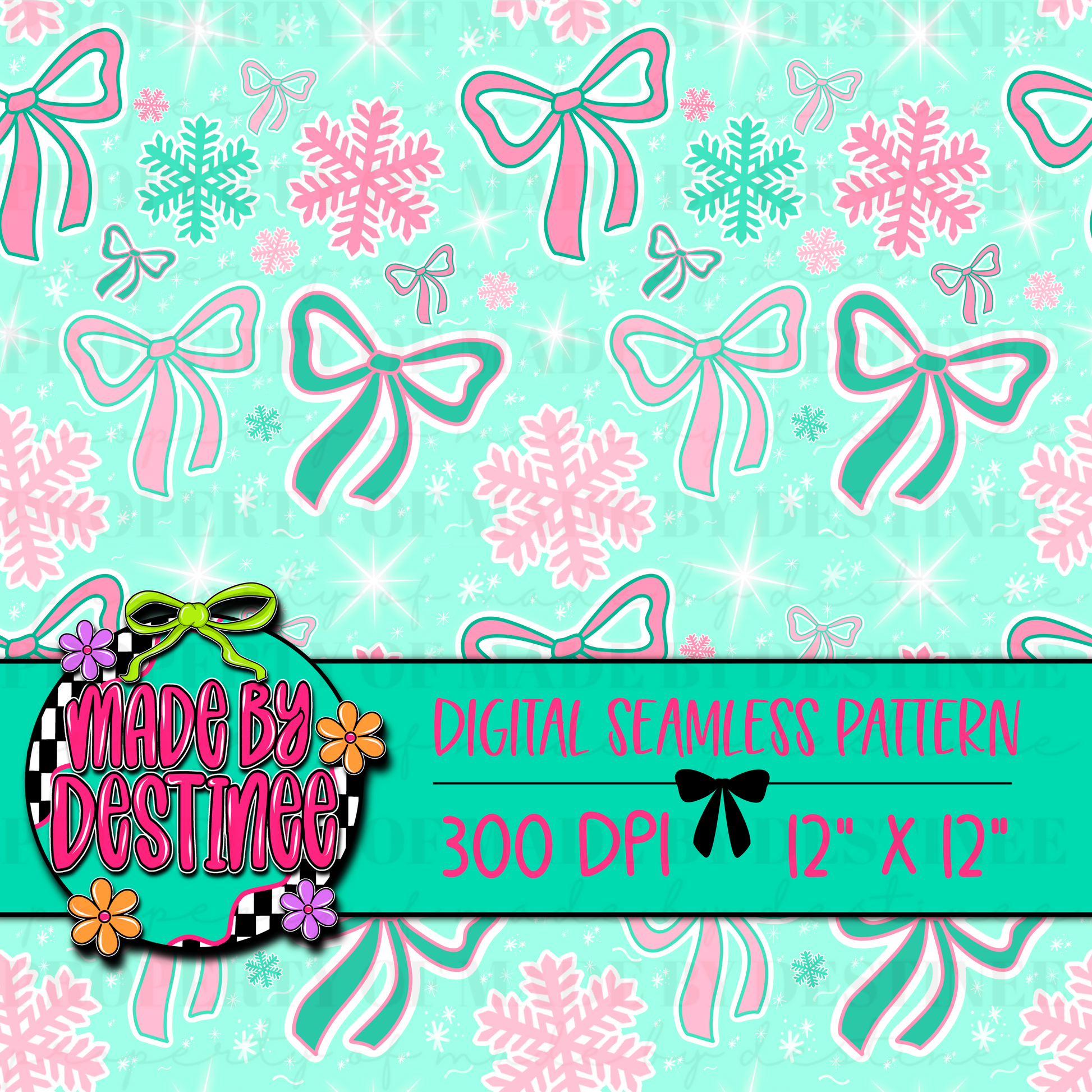 Pink & Teal Christmas Seamless Pattern | Holiday Bows & Snowflakes Digital Paper PNG | Pastel Winter Background