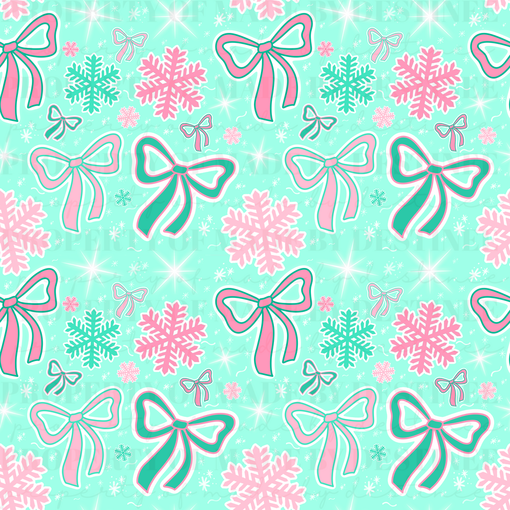 Pink & Teal Christmas Seamless Pattern | Holiday Bows & Snowflakes Digital Paper PNG | Pastel Winter Background