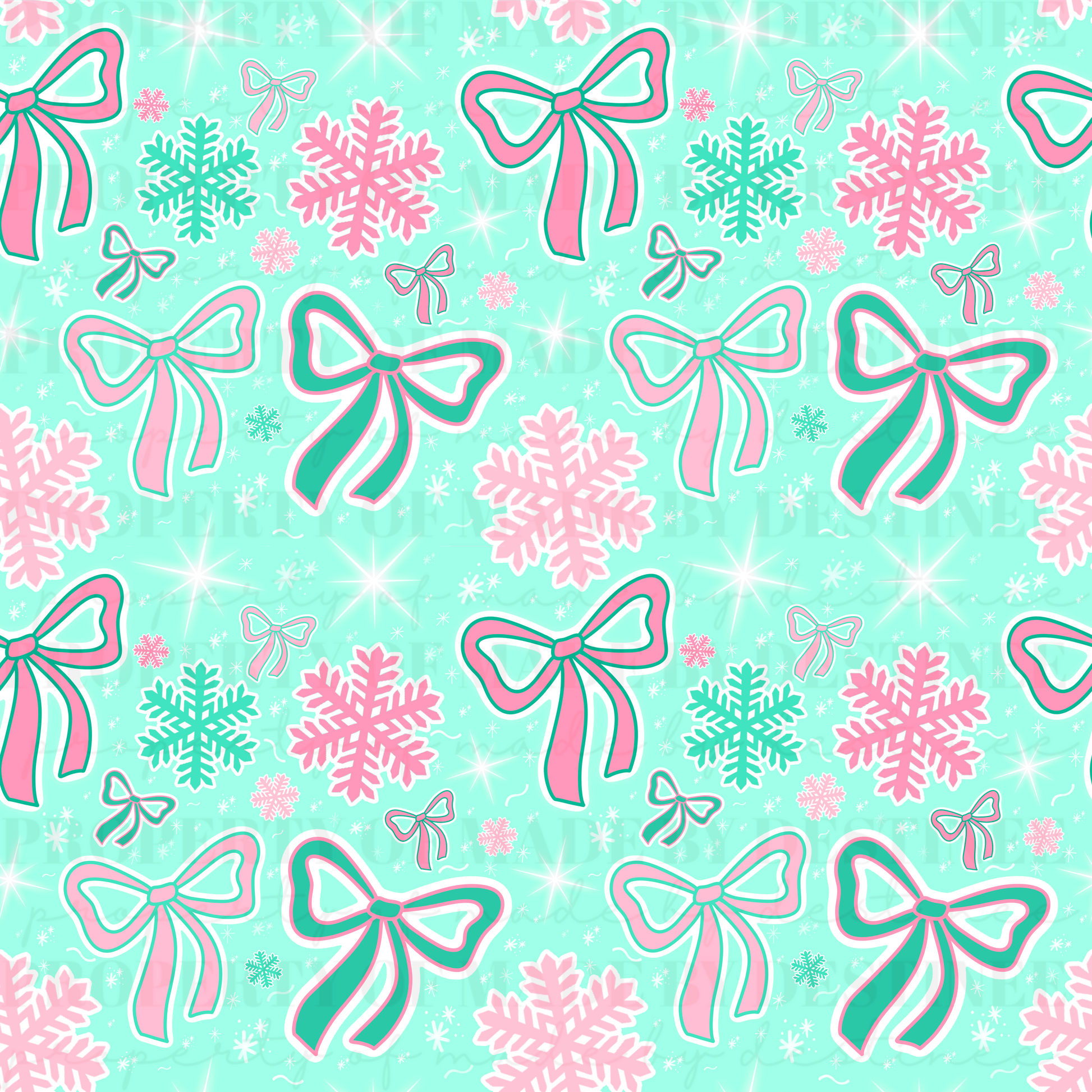 Pink & Teal Christmas Seamless Pattern | Holiday Bows & Snowflakes Digital Paper PNG | Pastel Winter Background