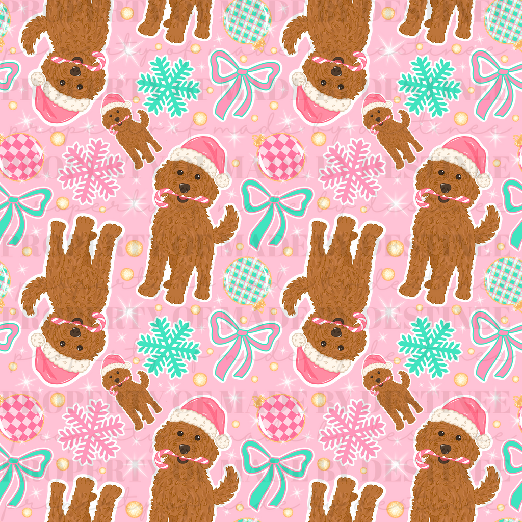 Christmas Dog Seamless Pattern | Pink Holiday Puppy Digital Paper | Doodle Dog with Santa Hat & Ornaments PNG