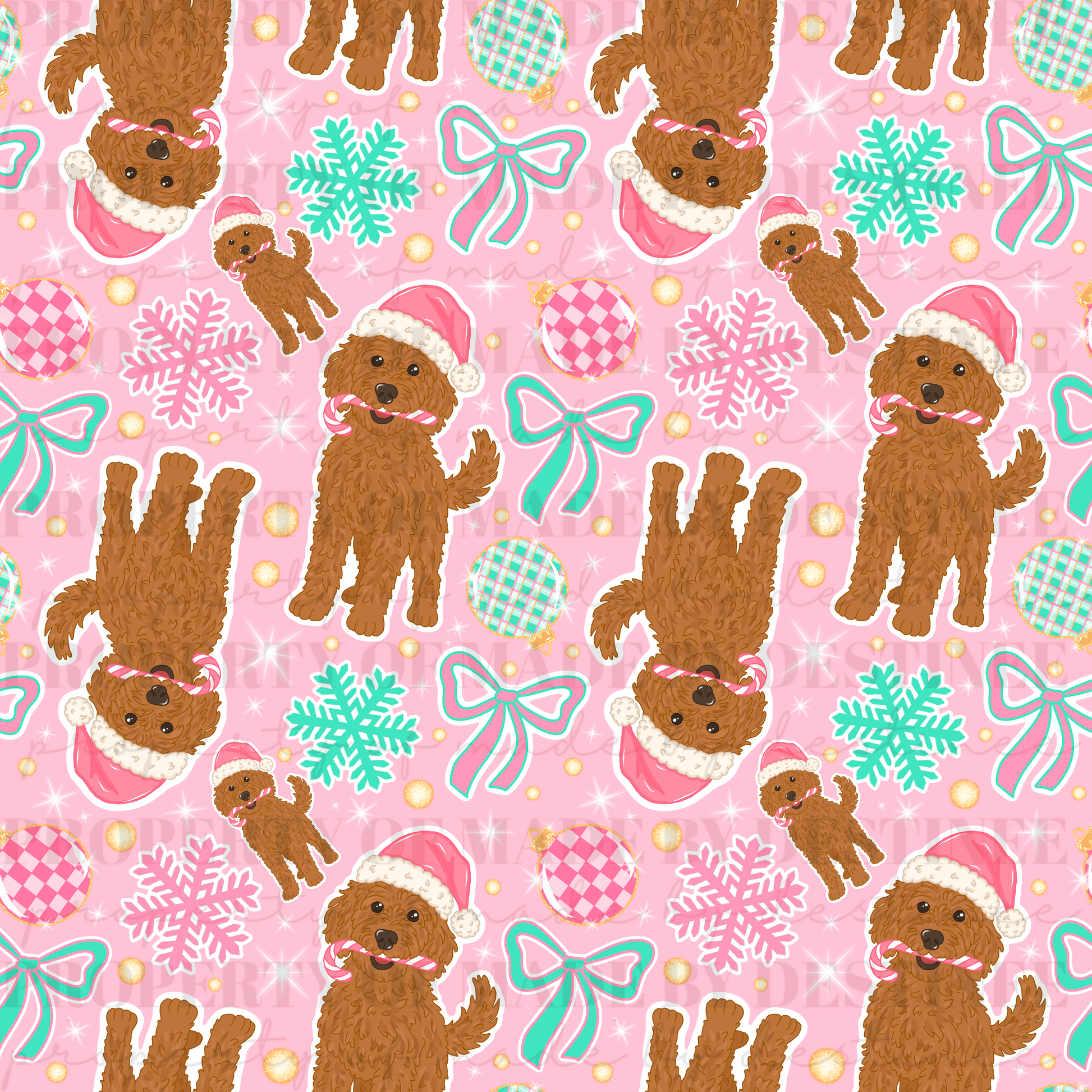Christmas Dog Seamless Pattern | Pink Holiday Puppy Digital Paper | Doodle Dog with Santa Hat & Ornaments PNG