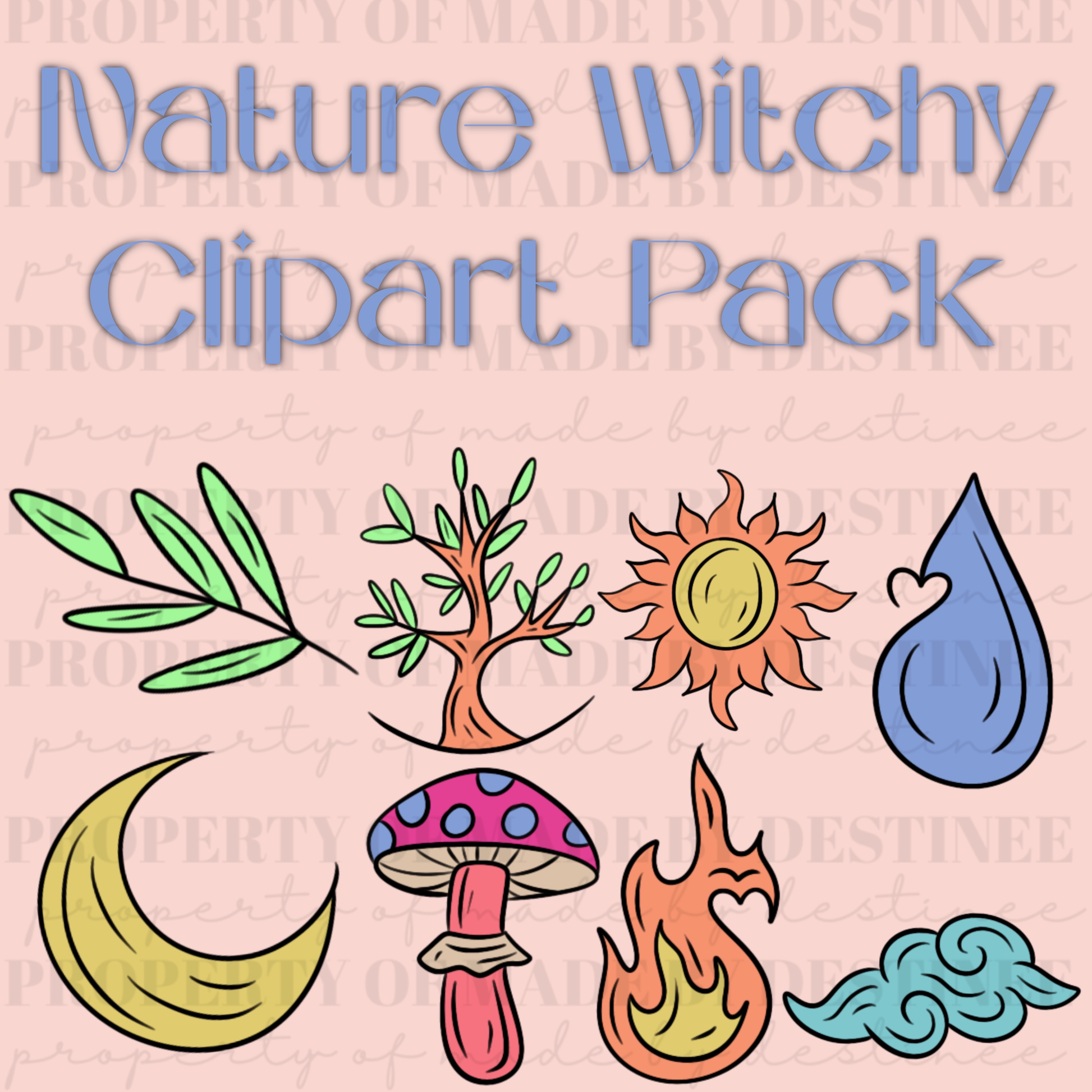 Nature Witchy Clipart Pack | Elements Digital PNGs | Moon, Sun, Tree, Water, Fire & Mushroom Witchcraft Art
