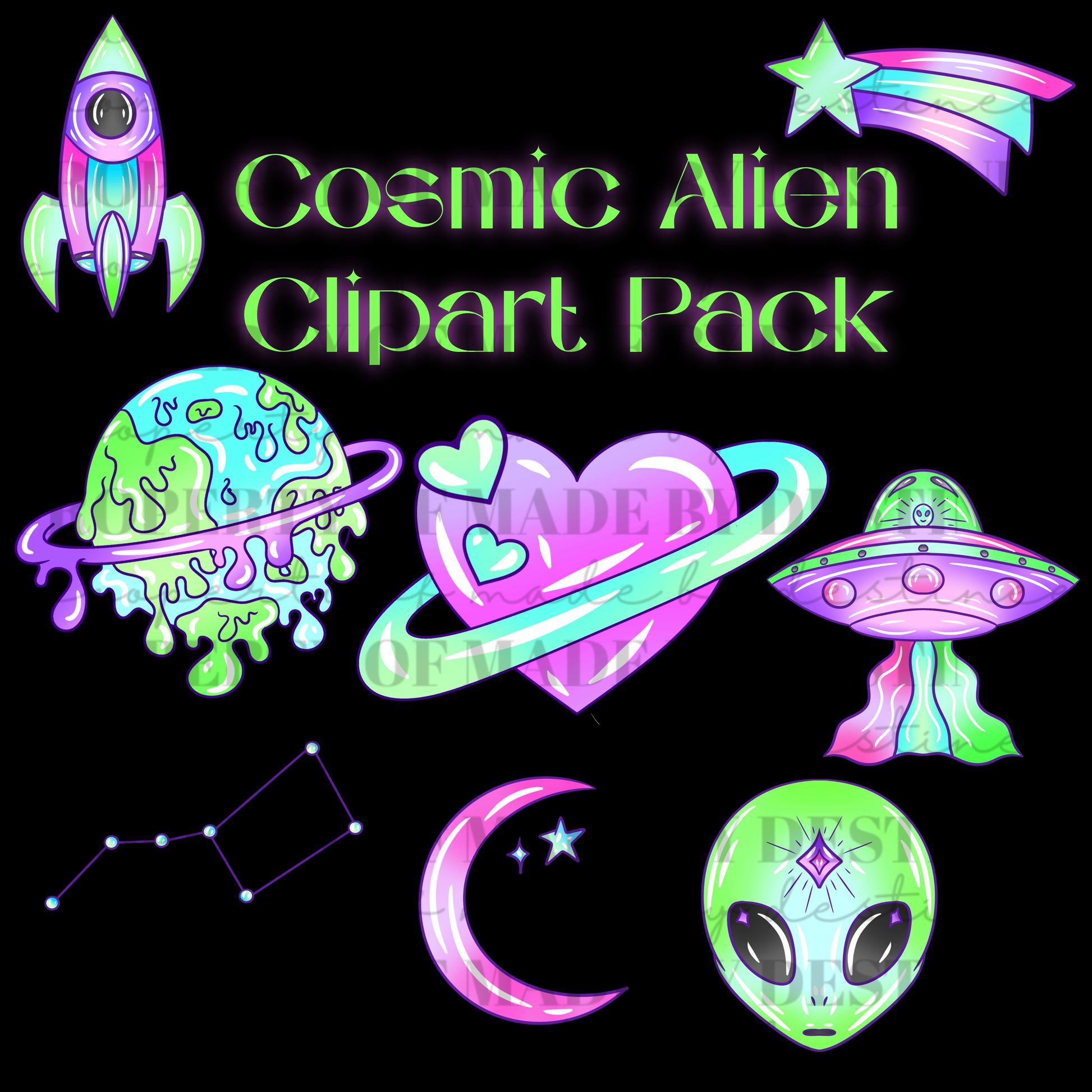 Cosmic Alien Clipart Pack | Neon Space PNGs | UFO, Planets, Rocket, Moon & Galaxy Digital Art