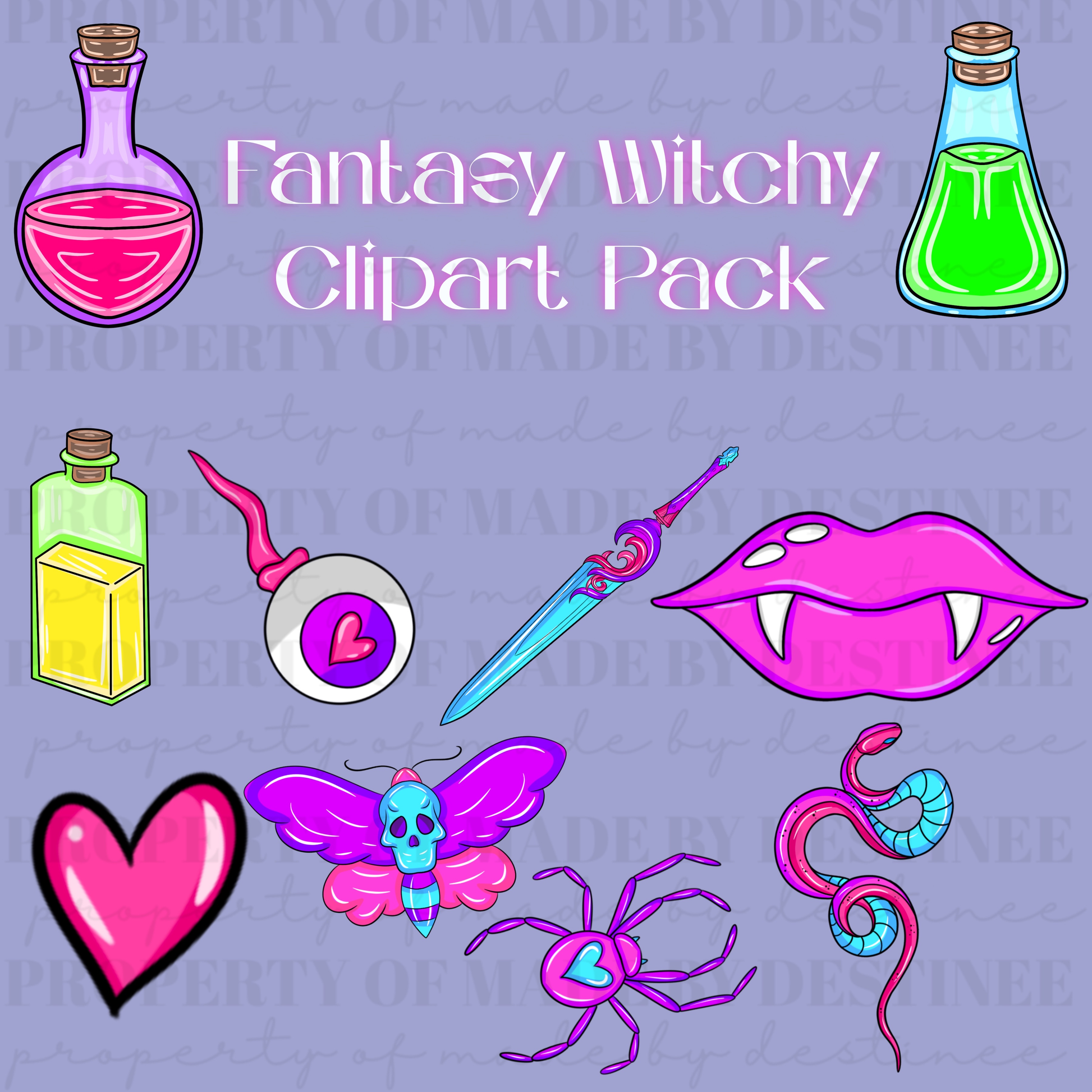 Fantasy Witchy Clipart Pack | Gothic Digital PNGs | Potions, Sword, Vampire Fangs, Snake & Magic Art