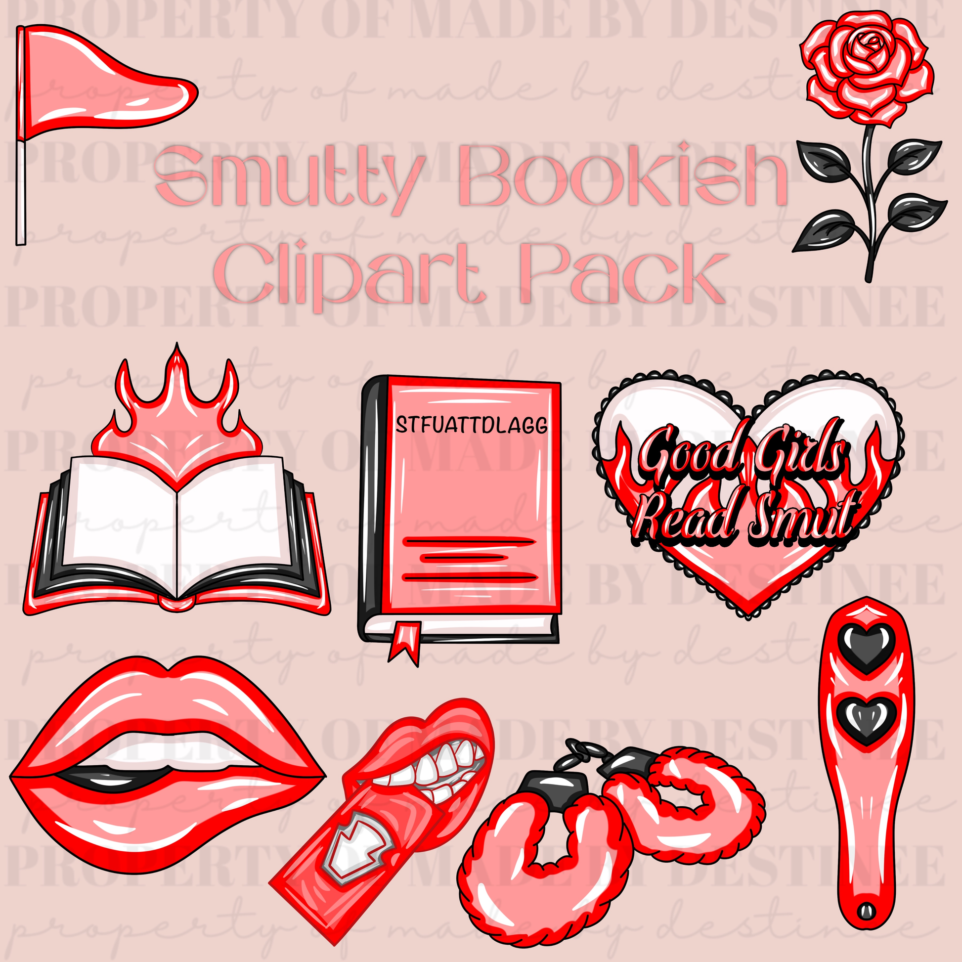 Smutty Bookish Clipart Pack | Spicy Romance PNGs | Book, Lips, Toys & Red Flag Digital Art