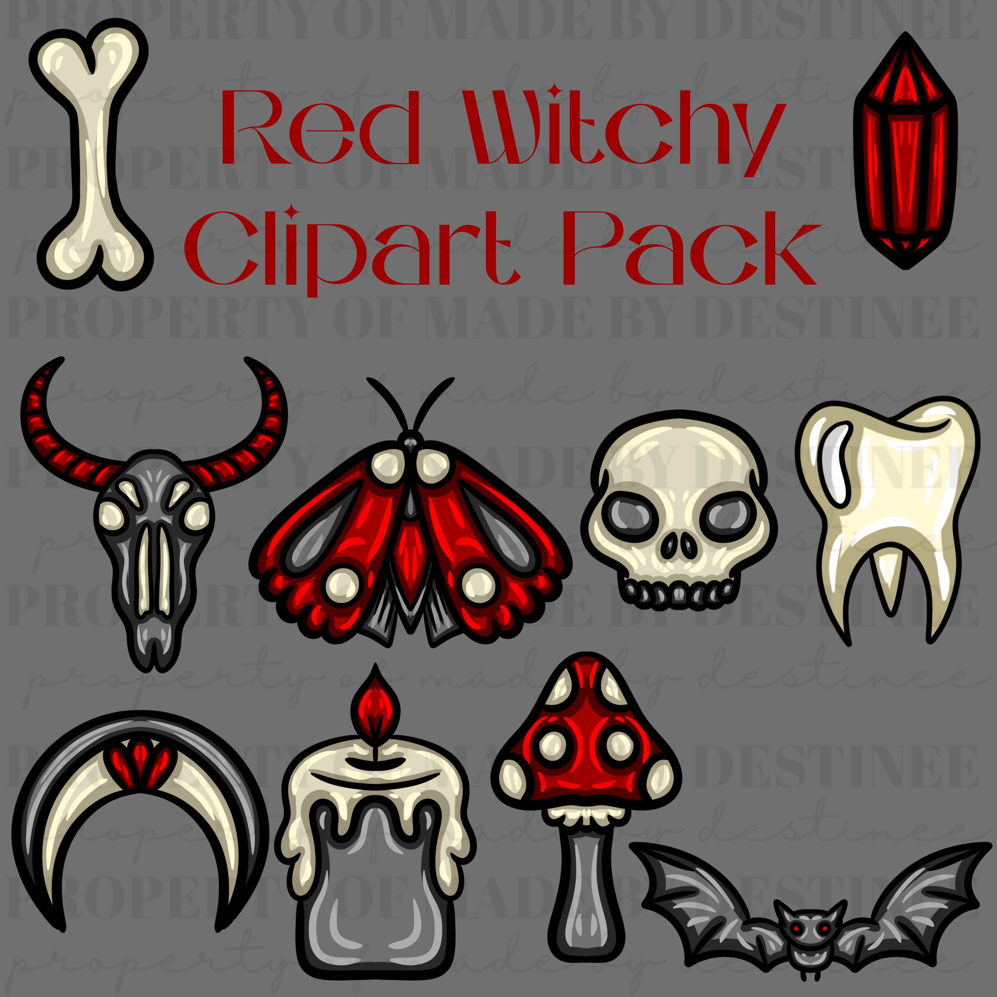 Red Witchy Clipart Pack | Gothic Digital PNGs | Skull, Moth, Crystal, Candle & Bat Witchcraft Art