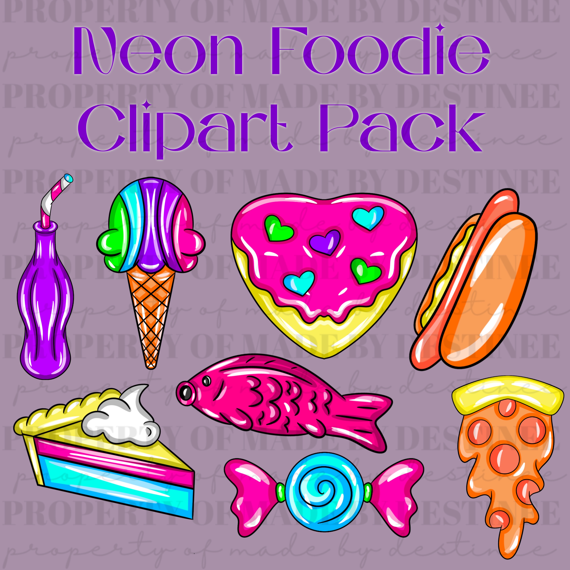 Neon Foodie Clipart Pack | Bright Digital PNGs | Pizza, Candy, Ice Cream & Donut Food Art