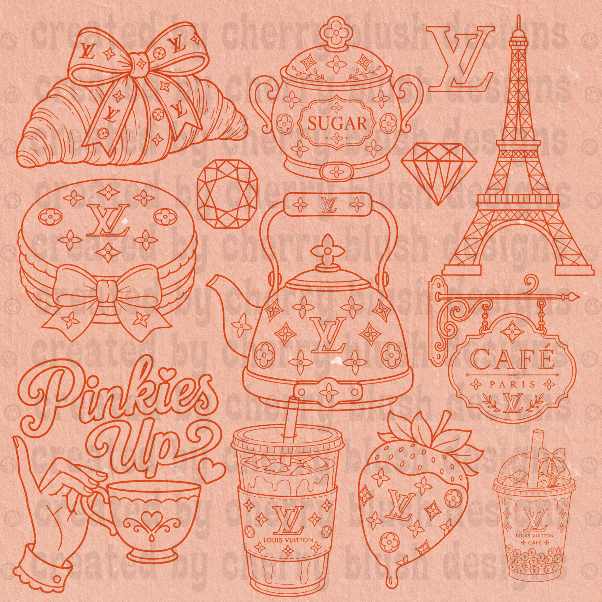Pinkies Up Stamp Set | Coquette Café Line Art Bundle | Luxury-Inspired Coloring Clip Art