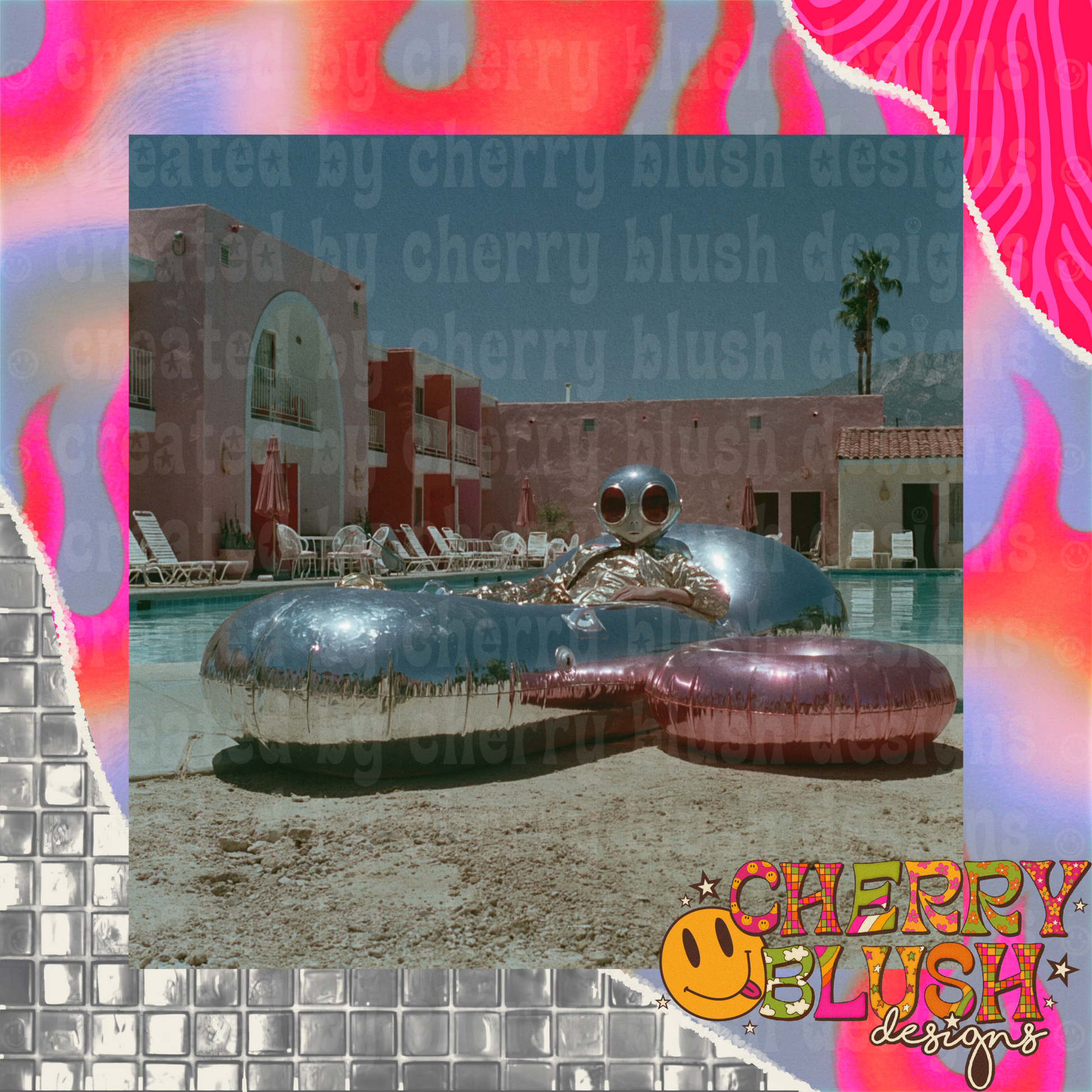 Retro Alien Poolside PNG | Summer Sci-Fi Graphic | Commercial Use PNG
